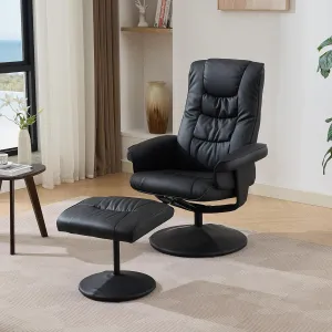 015 PU Leather Massage Reclining Chair with Ottoman, 360° Swivel Stressless Recliner with 5 Point Vibration Massage, Seat Heating and 140° Adjustable Backrest for Home or Office, Black