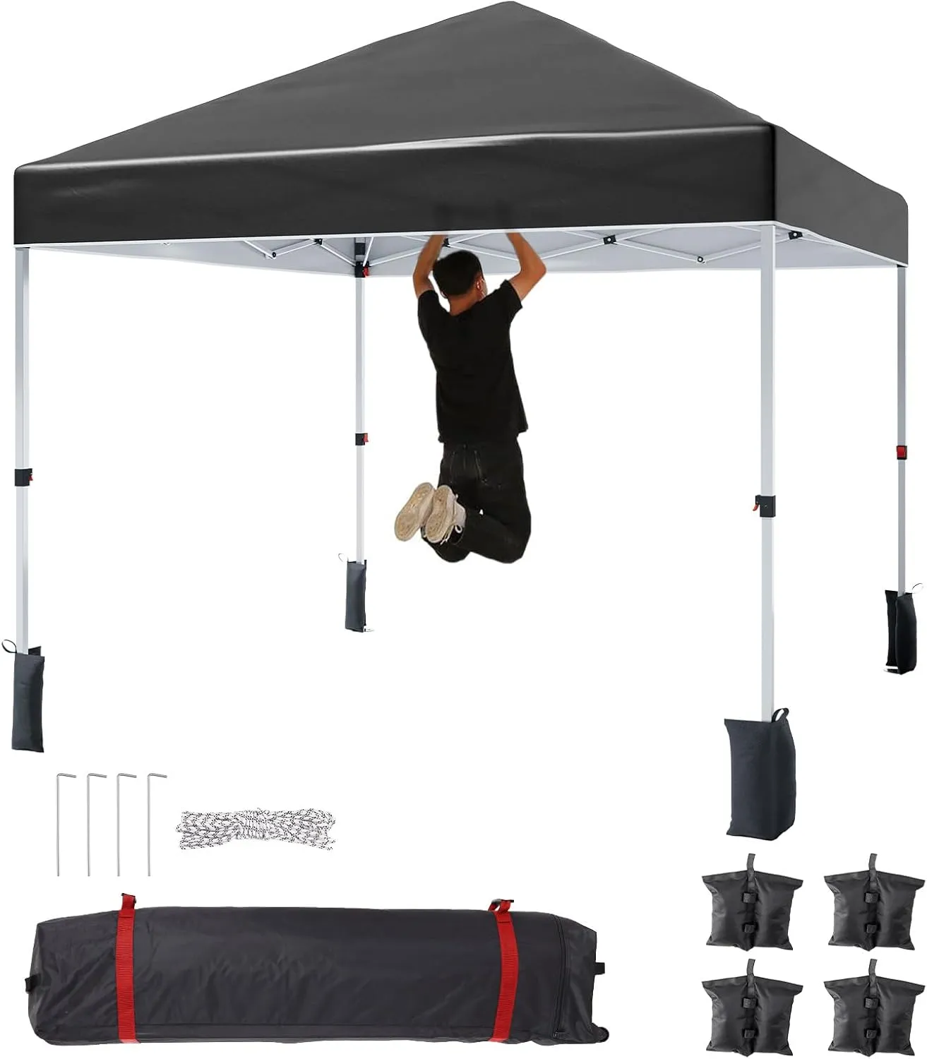 10 * 10FT Instant Pop Up Canopy Tent for One Person Setup,Pop Up Commercial Canopy Tent,Outdoor Easy Up Tent w/1-Button Push,Wheeled Bag,4 Sandbags,Bonus 8 Stakes and 4 Ropes-Black