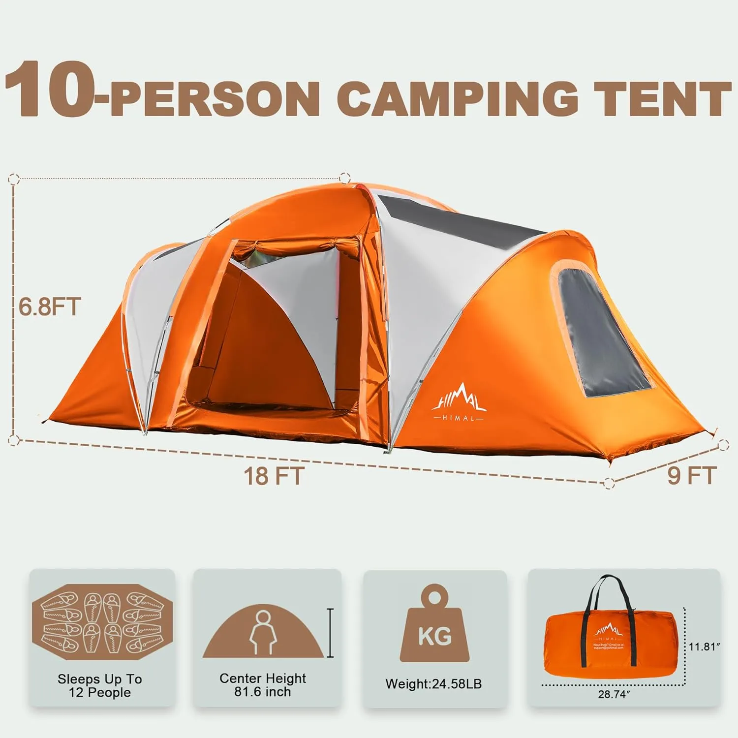 10 Person Family Tents for Camping Waterproof, Music Festival, Parties,2 Room Big Tent with 4 Large Mesh Windows, Double Layer, Easy Setup, Weather Resistant,18ft X 9ft X6.8ft