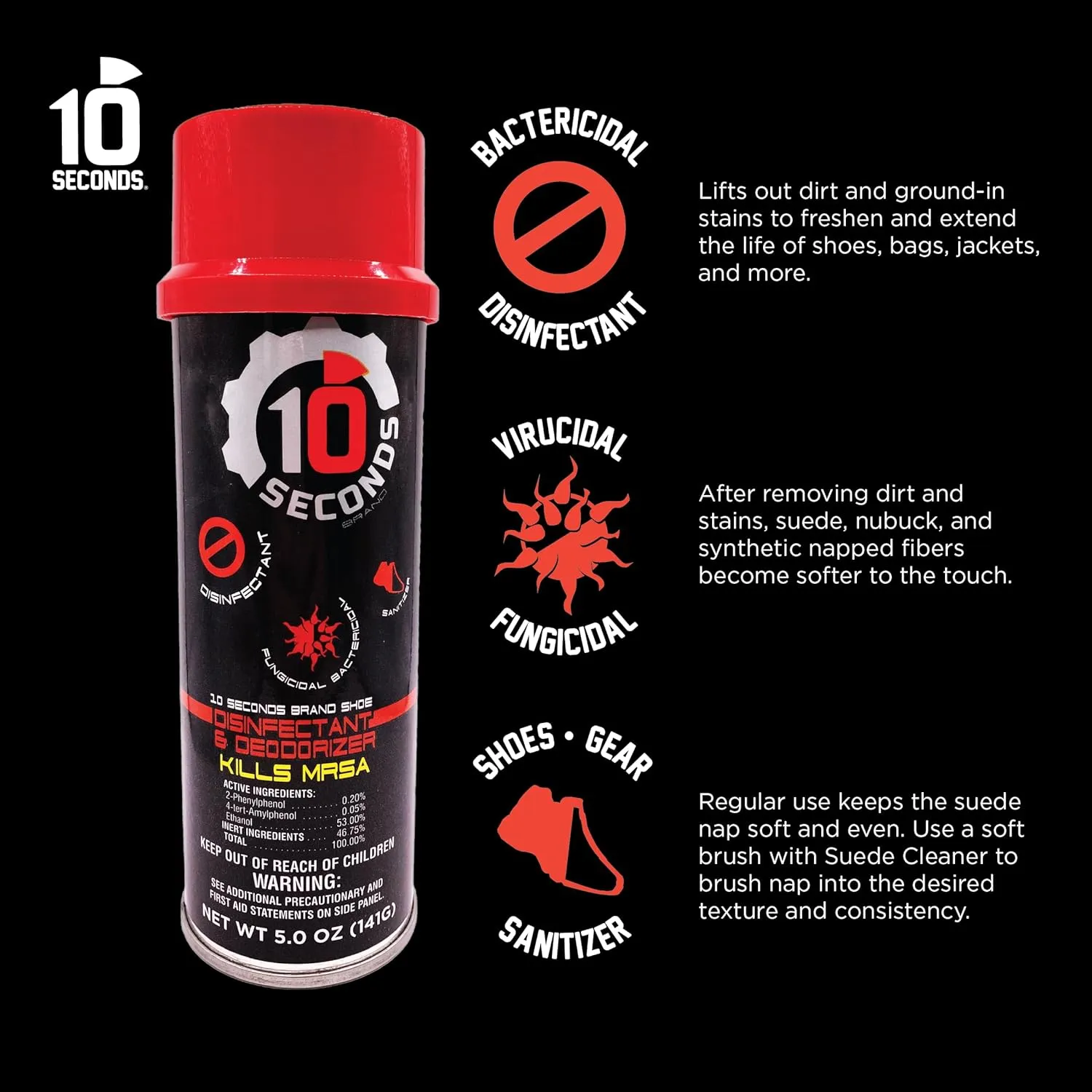 10 Seconds - Household Disinfectant Spray & Deodorizer - Great for Shoes and Gym Equipment! Superior Germ-Killing and Odor Elimination, Fights Staph, Athlete's Foot, Strep, MRSA. (Pack of 2)