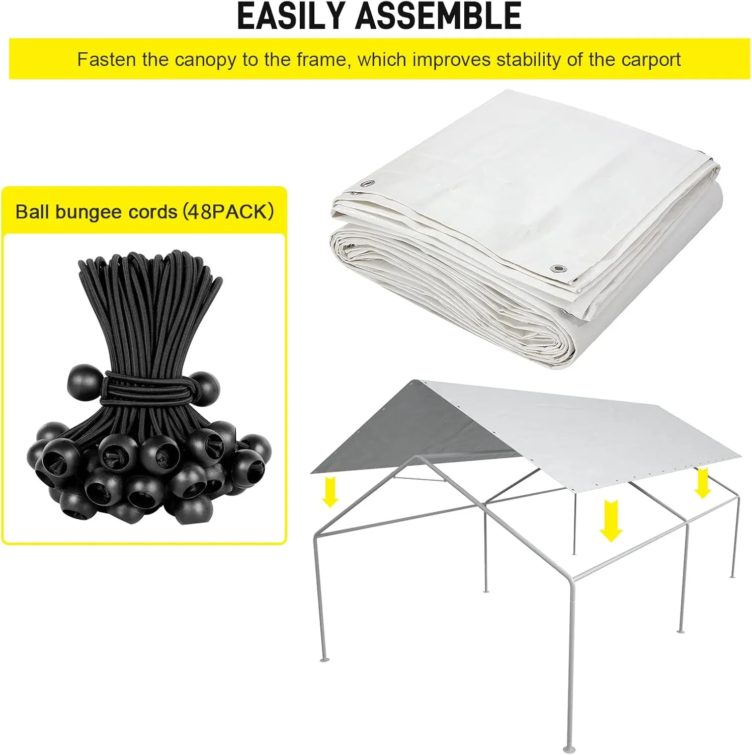 10 x 20 Ft Carport Replacement Canopy Cover Garage Top Tent Shelter Tarp with Free 48 Ball Bungee Cords,White(Only Cover, Frame Not Include)