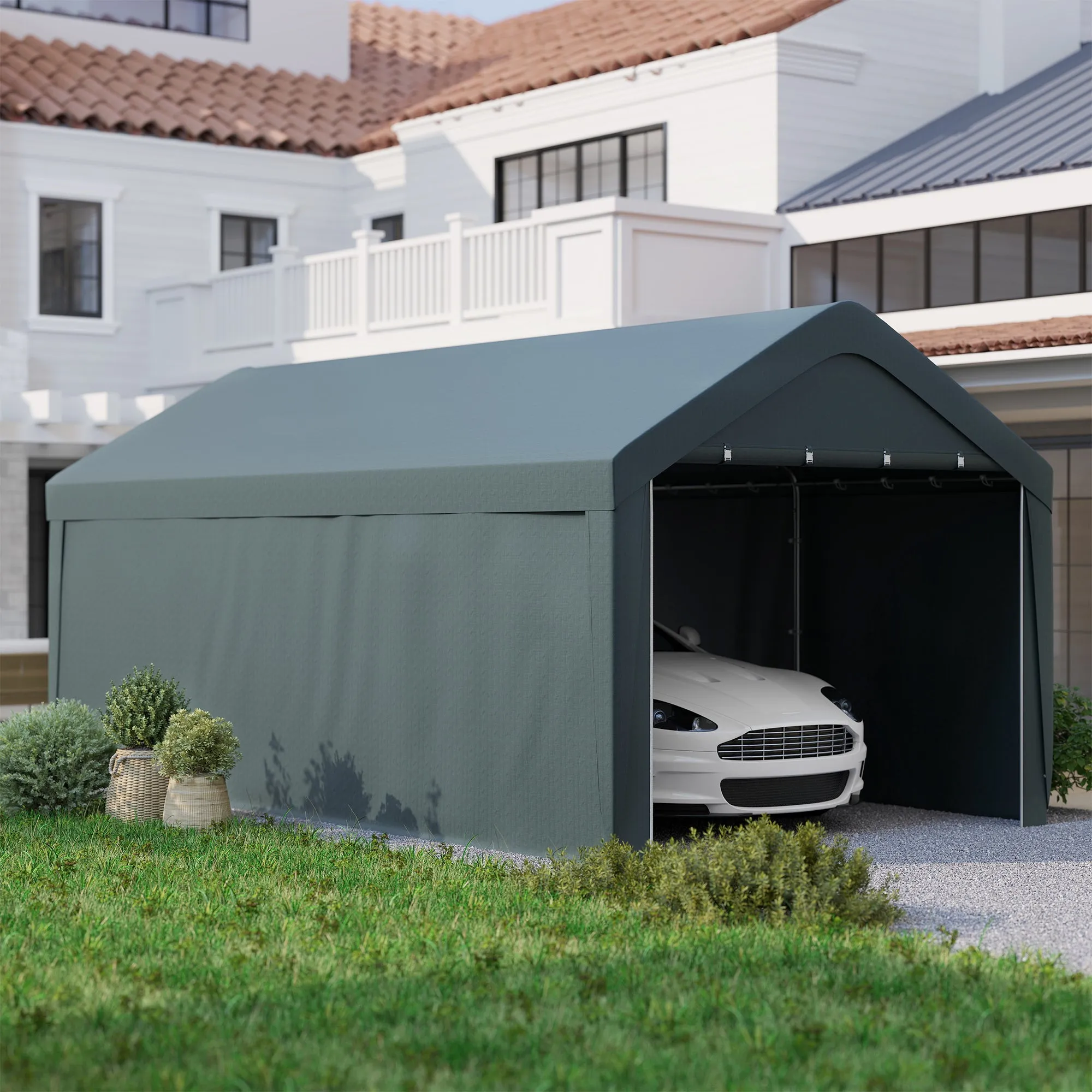 10' x 20' Portable Garage with 2 Roll-Up Doors, Dark Grey