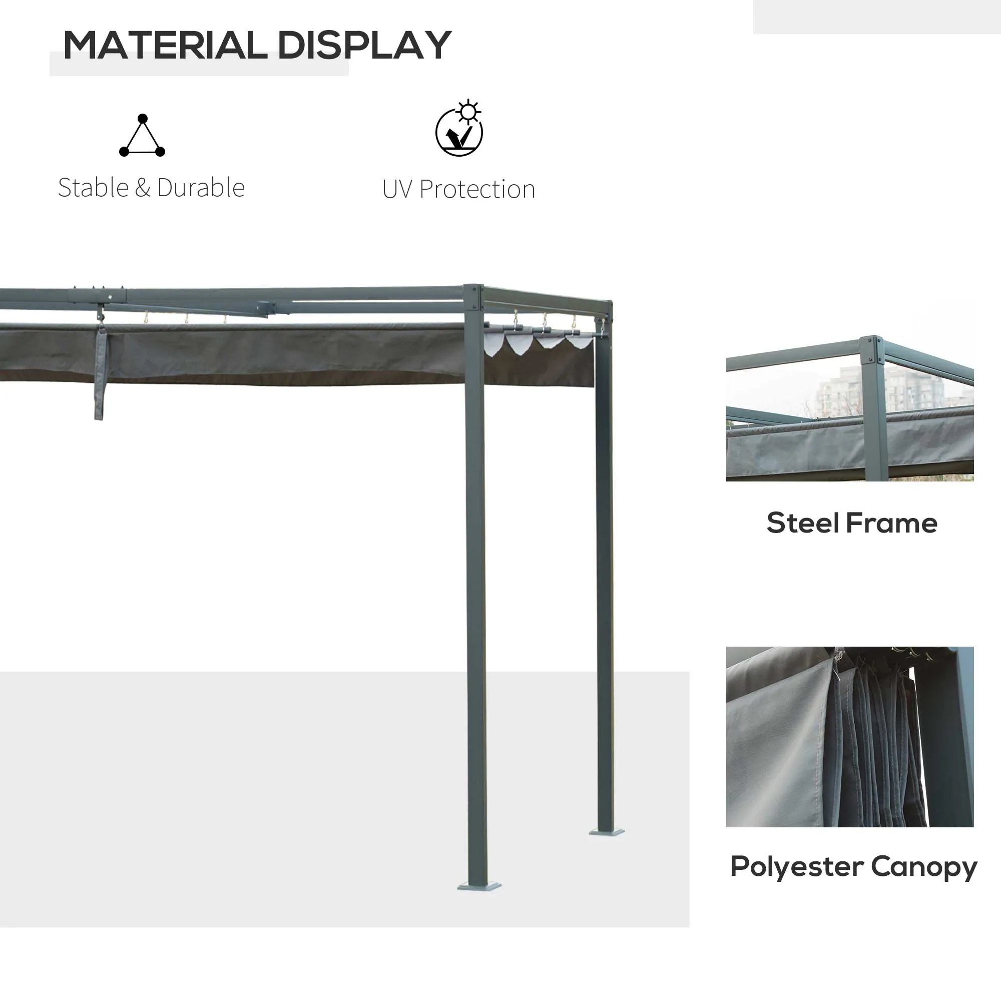 10' x 7' Patio Pergola with Retractable Canopy, Outdoor Sun Shelter, Yard Shade, Grey