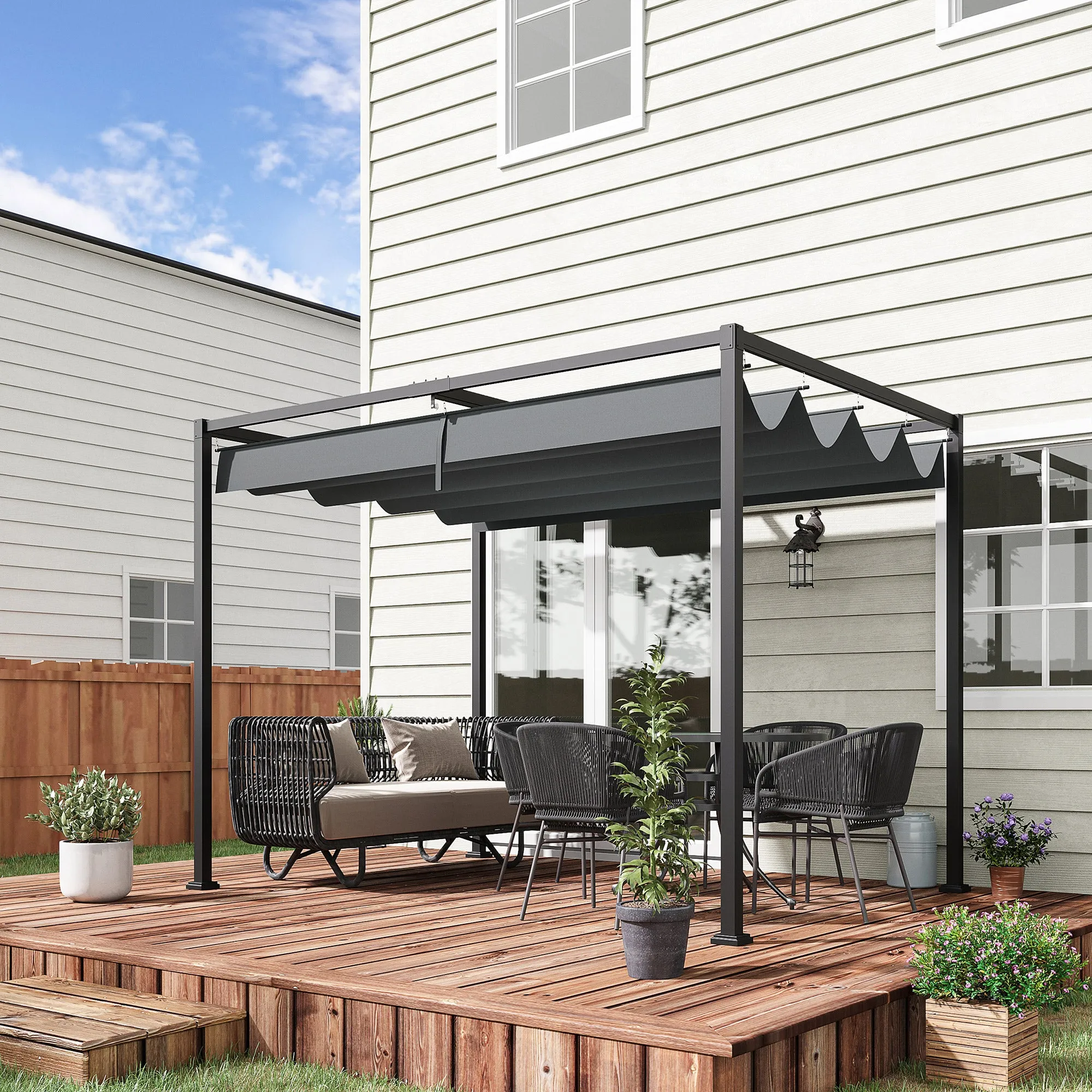10' x 7' Patio Pergola with Retractable Canopy, Outdoor Sun Shelter, Yard Shade, Grey