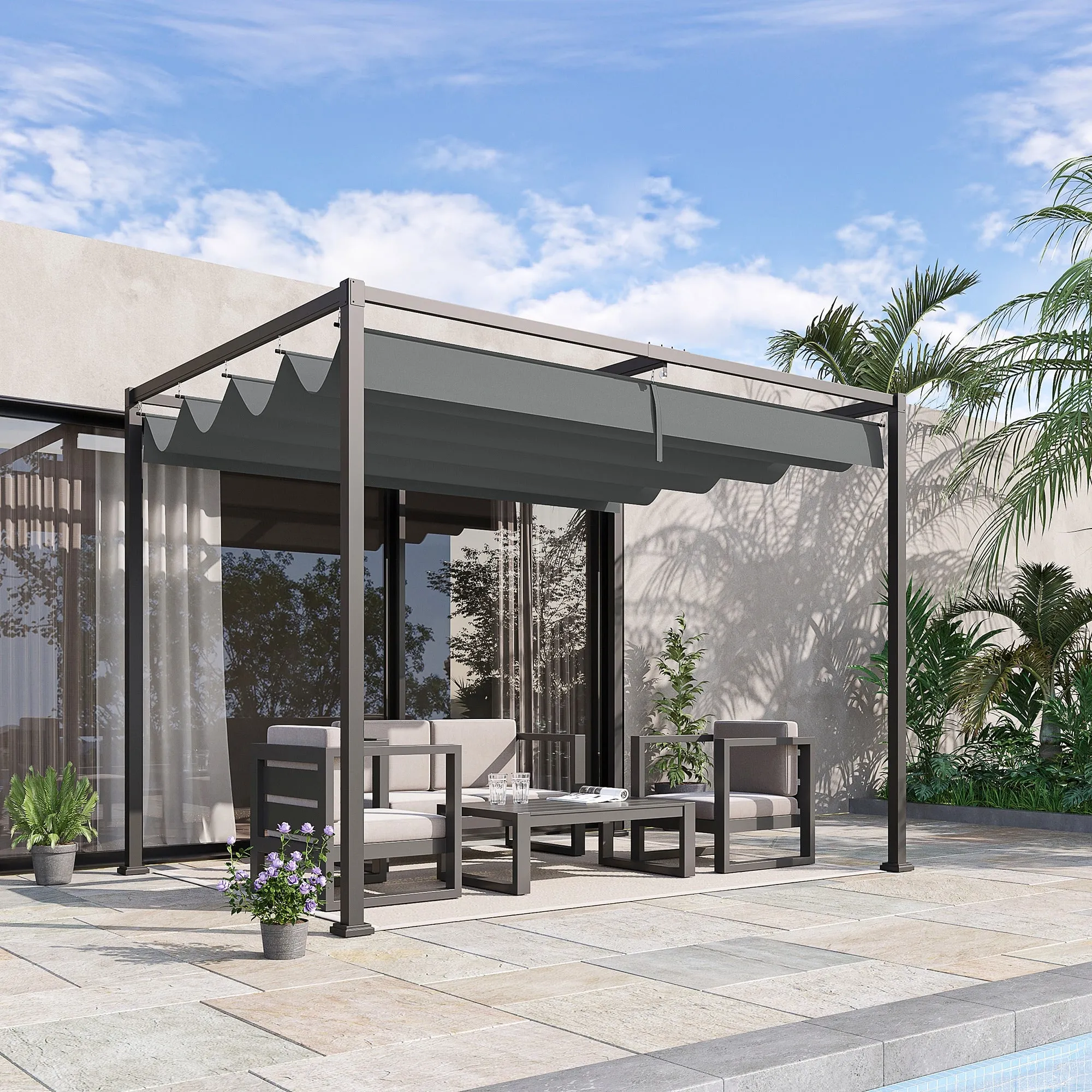 10' x 7' Patio Pergola with Retractable Canopy, Outdoor Sun Shelter, Yard Shade, Grey