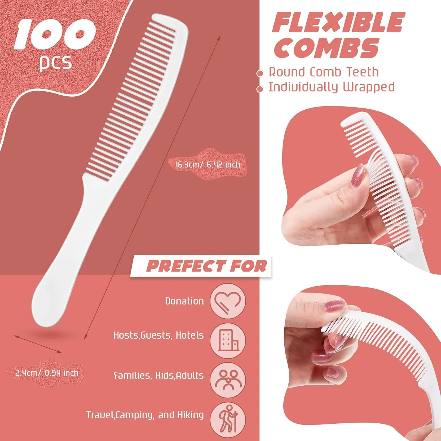 100 Packs Individually Wrapped Combs Disposable Plastic Hair Combs in Bulk Set for Travel, Hotel, Shelter, Homeless, Nursing Home, Charity, Church, 6.5 Inch Long(White)