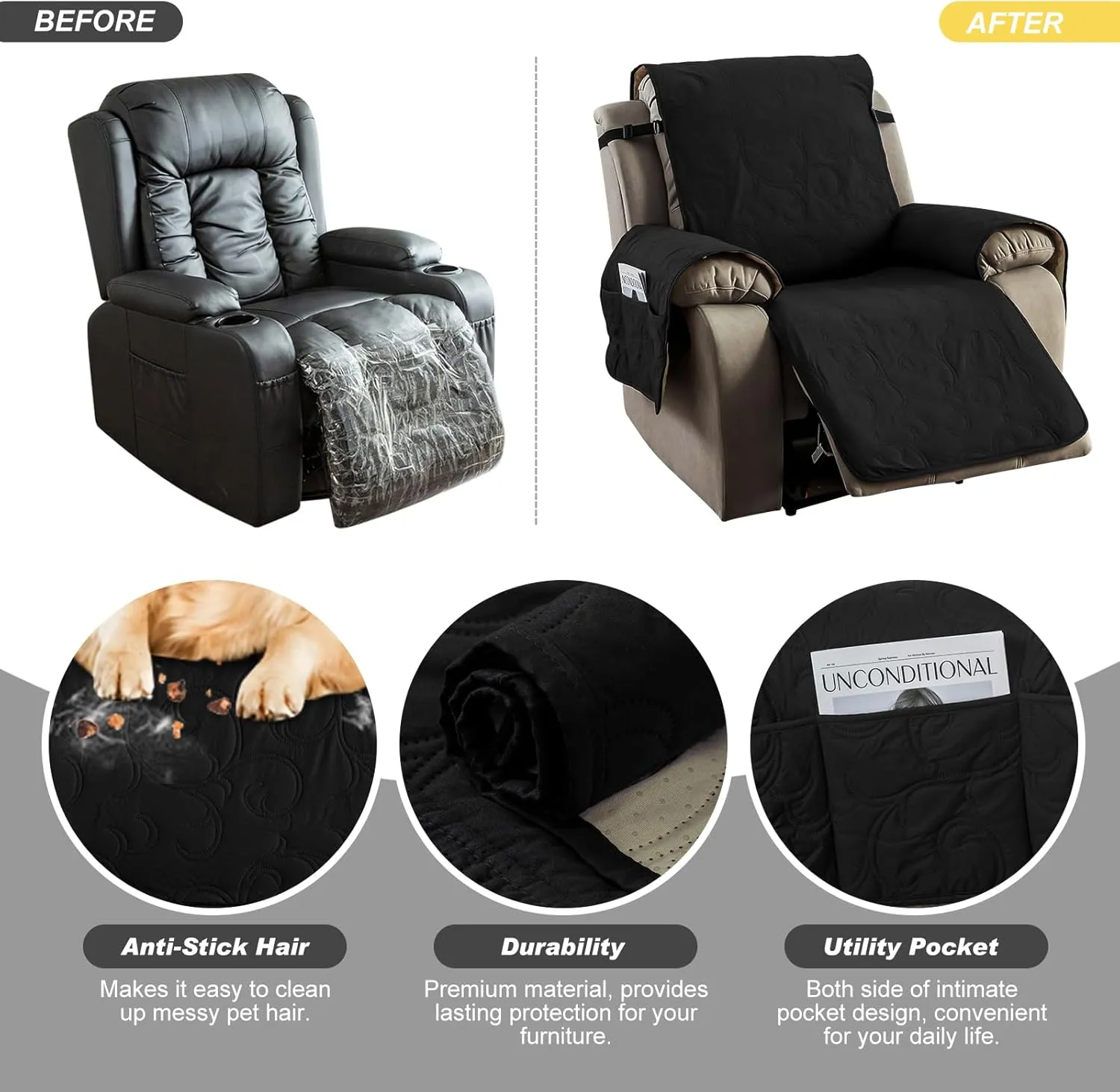 100% Waterproof Recliner Chair Cover, Recliner Chair Covers for Reclining Chair, Non-Slip Fabric Recliner Couch Cover for Living Room, for Pets Kids Protector, Washable (Black, 23"Recliner Chair)