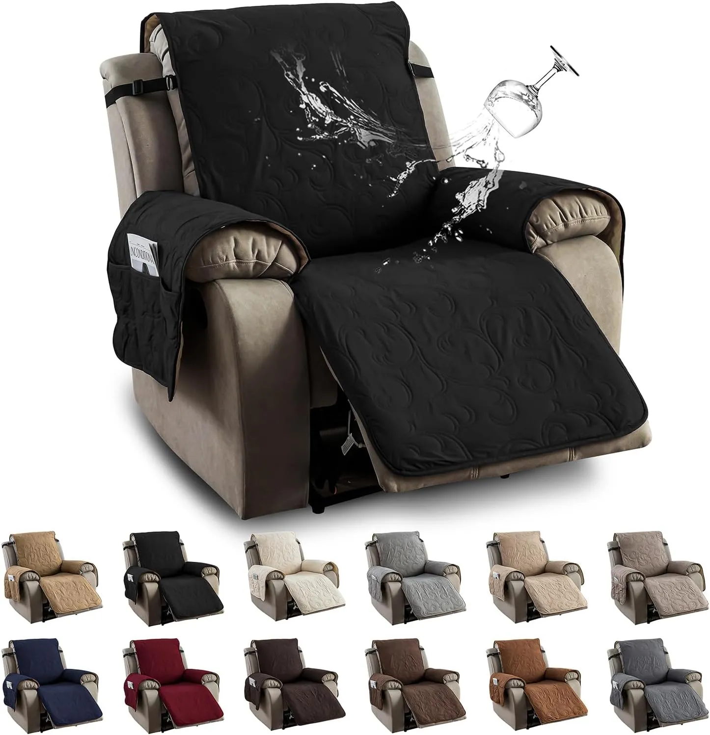 100% Waterproof Recliner Chair Cover, Recliner Chair Covers for Reclining Chair, Non-Slip Fabric Recliner Couch Cover for Living Room, for Pets Kids Protector, Washable (Black, 23"Recliner Chair)