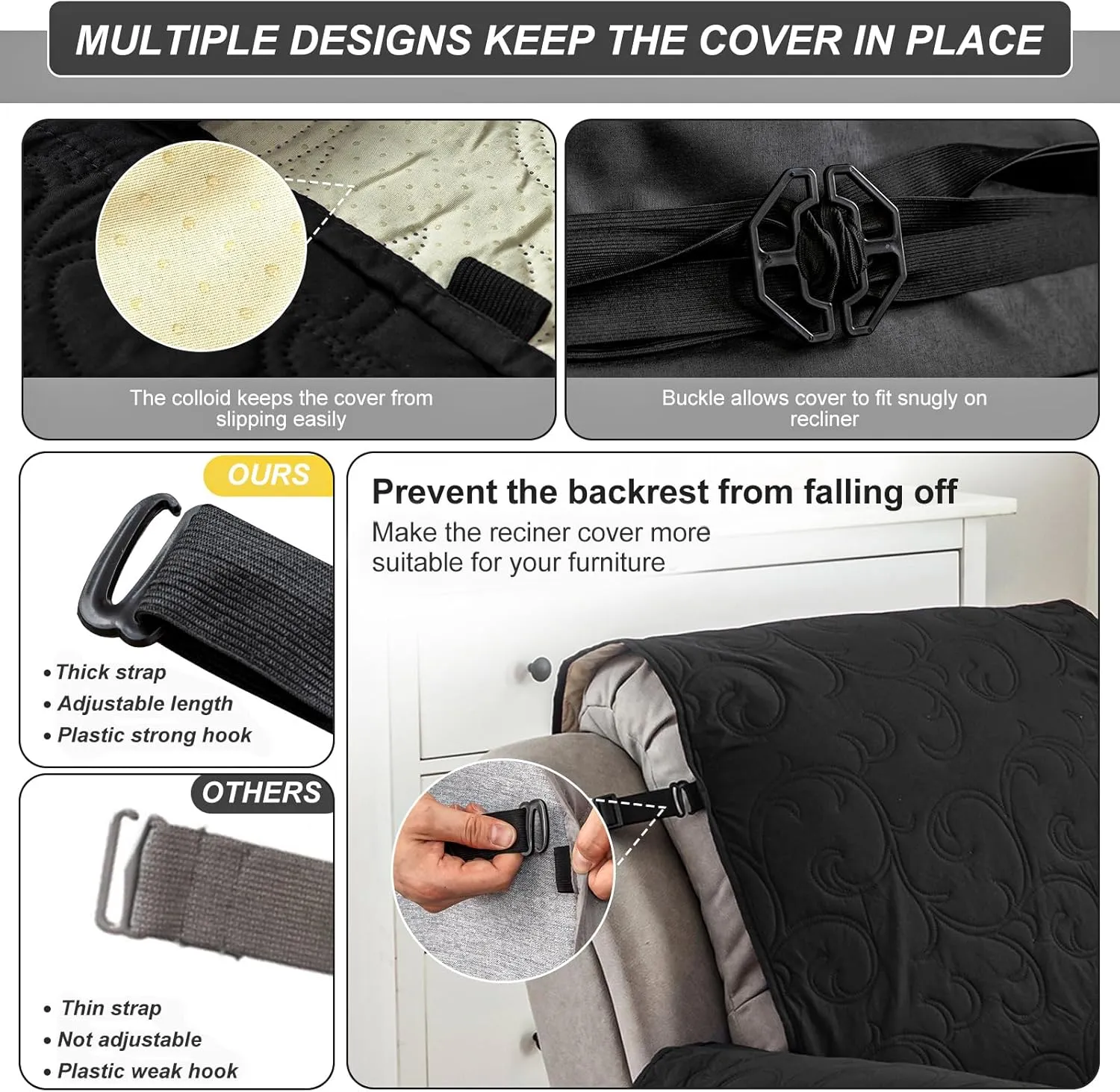 100% Waterproof Recliner Chair Cover, Recliner Chair Covers for Reclining Chair, Non-Slip Fabric Recliner Couch Cover for Living Room, for Pets Kids Protector, Washable (Black, 23"Recliner Chair)