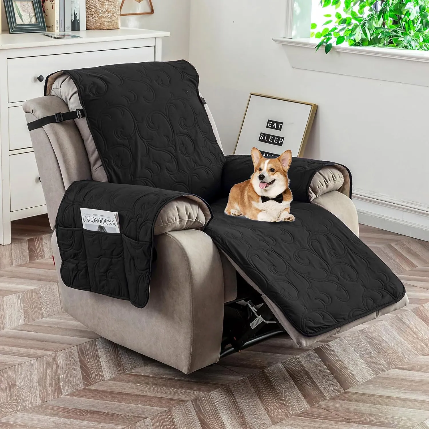 100% Waterproof Recliner Chair Cover, Recliner Chair Covers for Reclining Chair, Non-Slip Fabric Recliner Couch Cover for Living Room, for Pets Kids Protector, Washable (Black, 23"Recliner Chair)