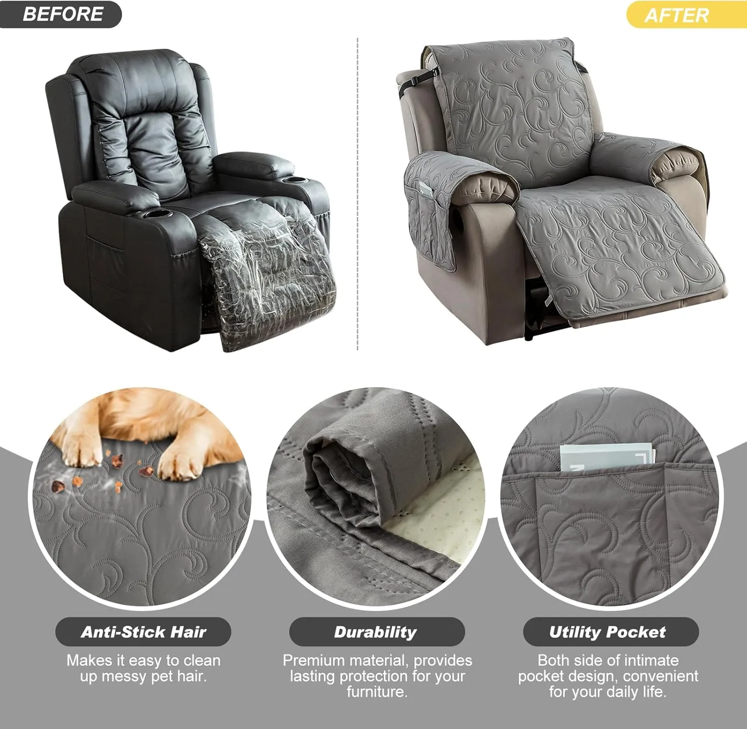 100% Waterproof Recliner Chair Cover, Recliner Chair Covers for Reclining Chair, Non-Slip Fabric Recliner Couch Cover for Living Room, for Pets Kids Protector, Washable (Light Gray, 23"Recliner Chair)