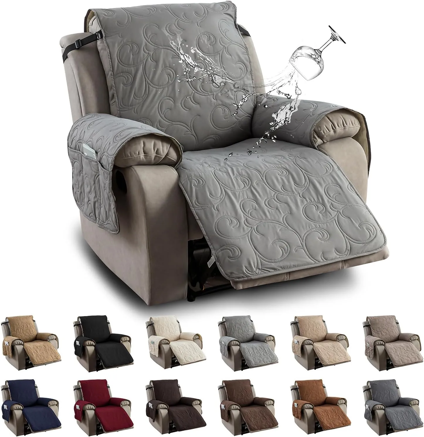 100% Waterproof Recliner Chair Cover, Recliner Chair Covers for Reclining Chair, Non-Slip Fabric Recliner Couch Cover for Living Room, for Pets Kids Protector, Washable (Light Gray, 23"Recliner Chair)