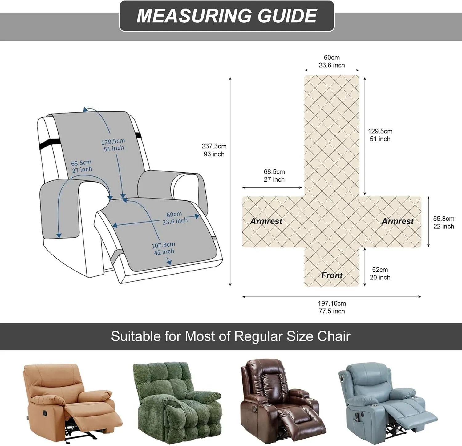 100% Waterproof Recliner Chair Cover, Recliner Chair Covers for Reclining Chair, Non-Slip Fabric Recliner Couch Cover for Living Room, for Pets Kids Protector, Washable (Light Gray, 23"Recliner Chair)