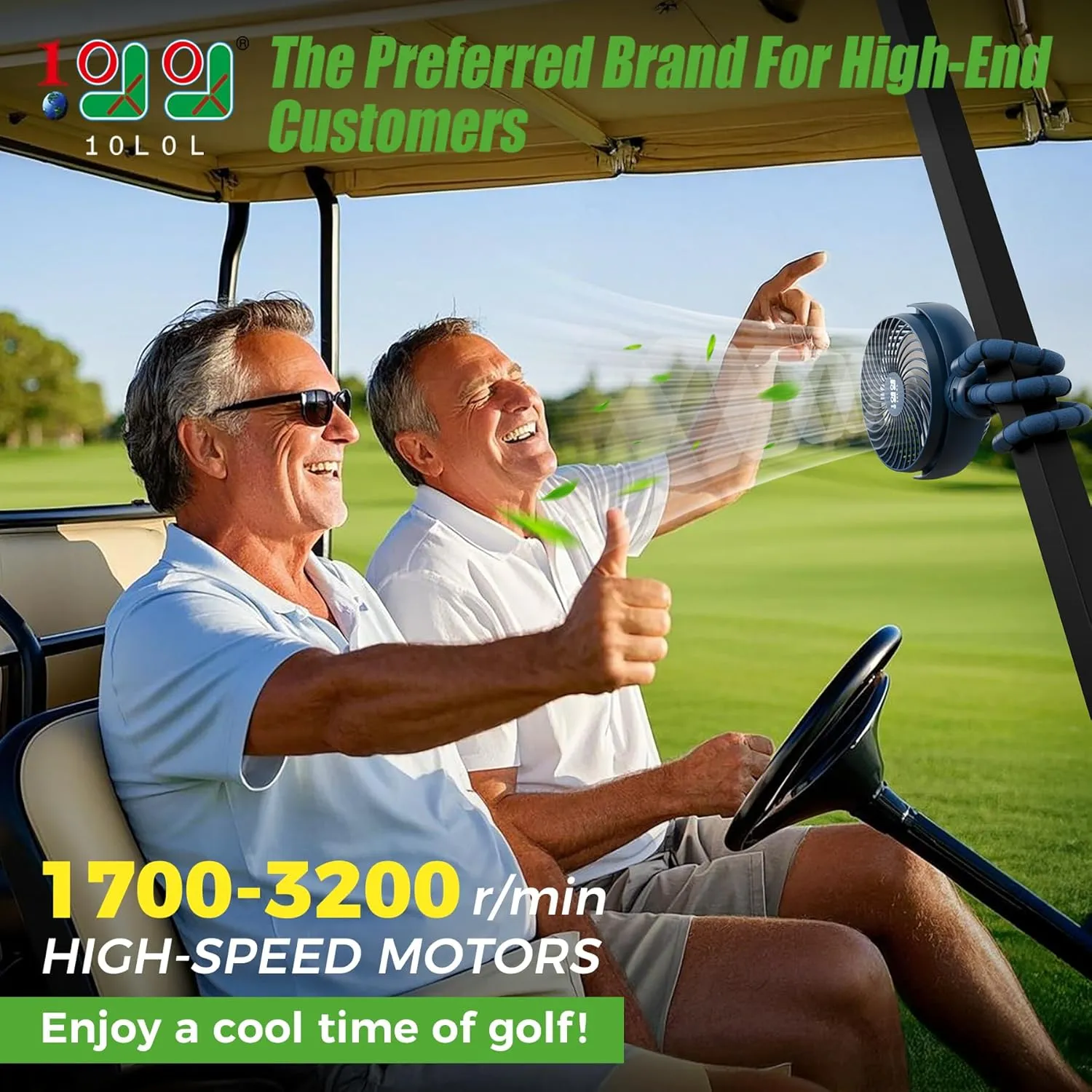 10L0L Rechargeable Golf Cart Fans - 60Hrs Runtime Big Battery Operated Portable Fan 360° Rotatable Head, Fits EZGO/Club Car/Yamaha Golf Cart with LED Light