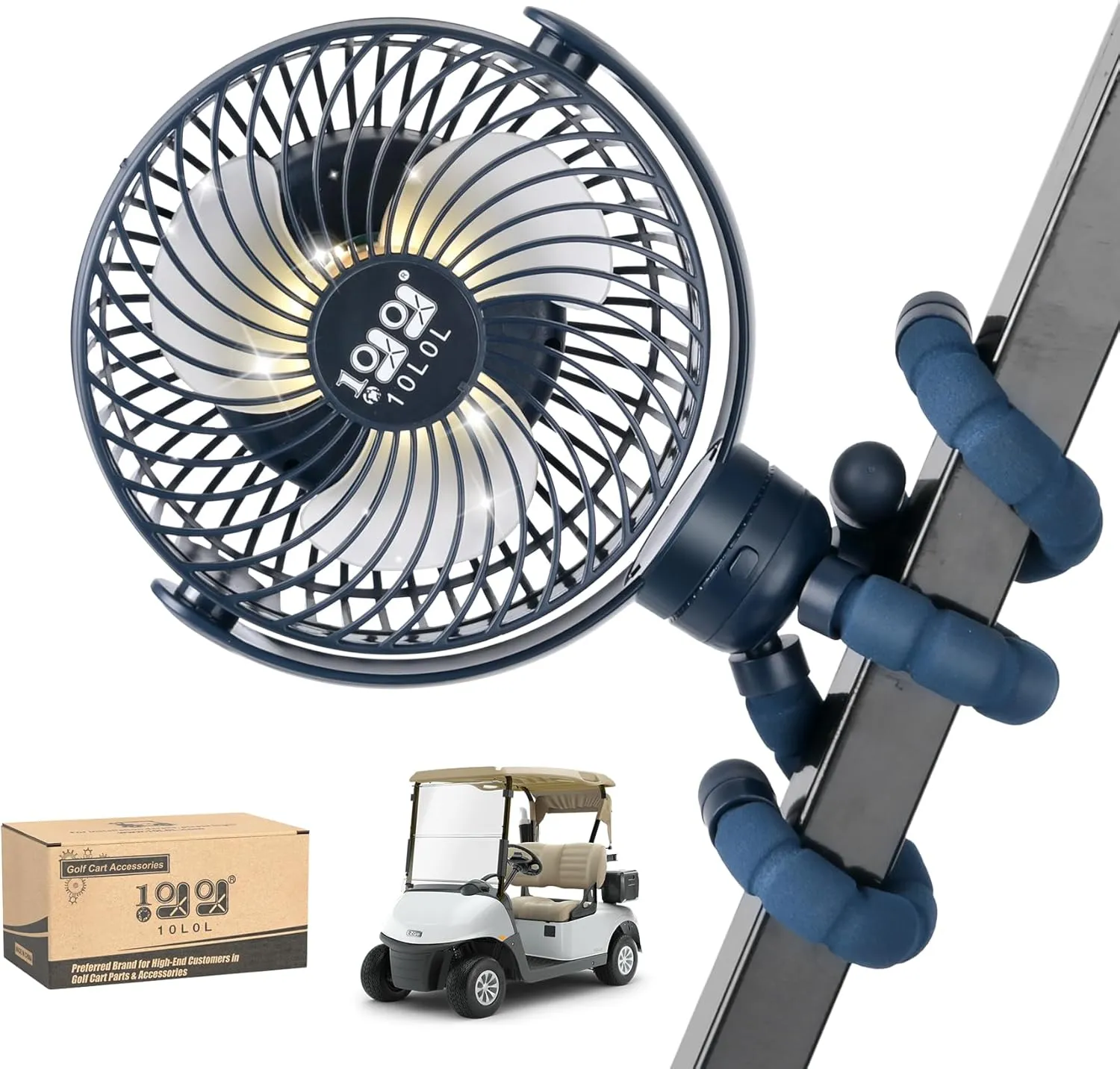 10L0L Rechargeable Golf Cart Fans - 60Hrs Runtime Big Battery Operated Portable Fan 360° Rotatable Head, Fits EZGO/Club Car/Yamaha Golf Cart with LED Light