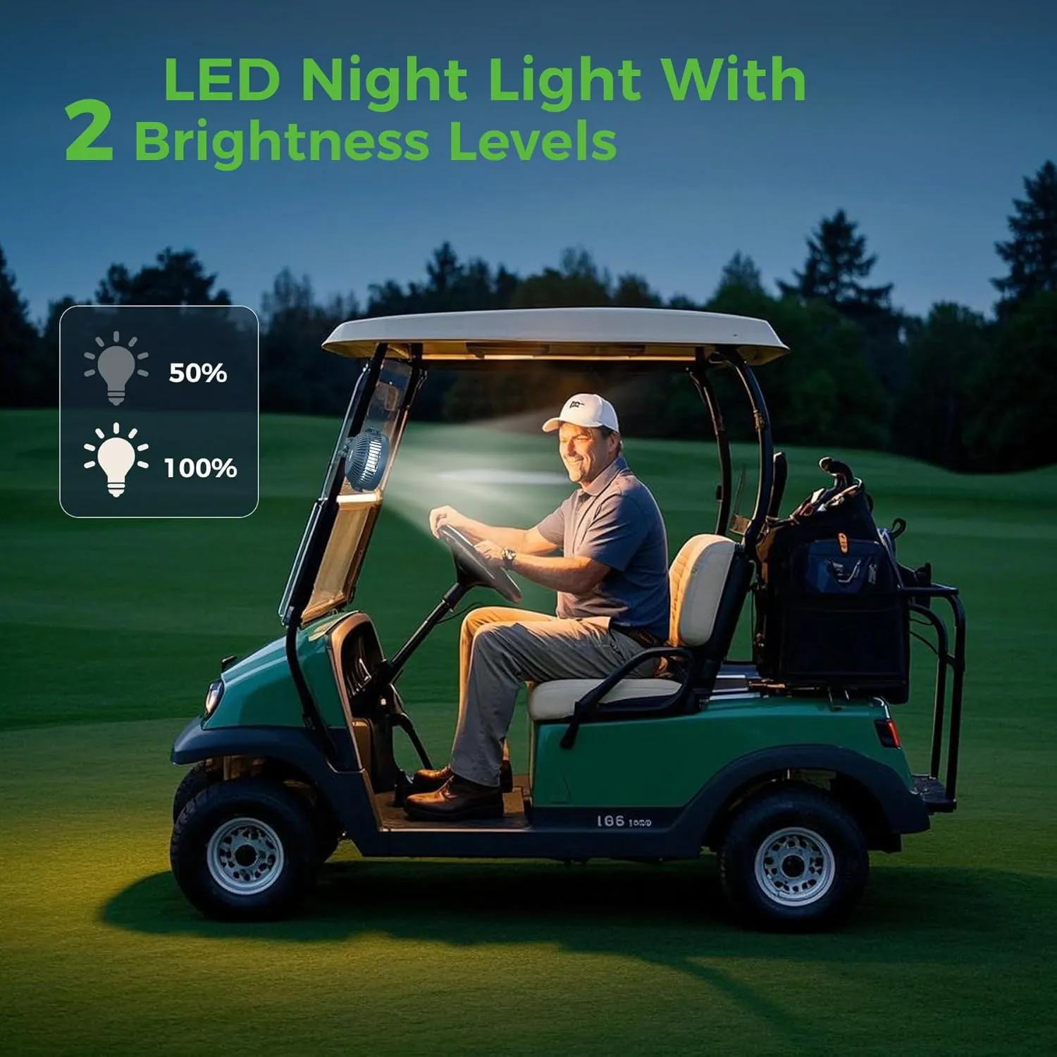 10L0L Rechargeable Golf Cart Fans - 60Hrs Runtime Big Battery Operated Portable Fan 360° Rotatable Head, Fits EZGO/Club Car/Yamaha Golf Cart with LED Light