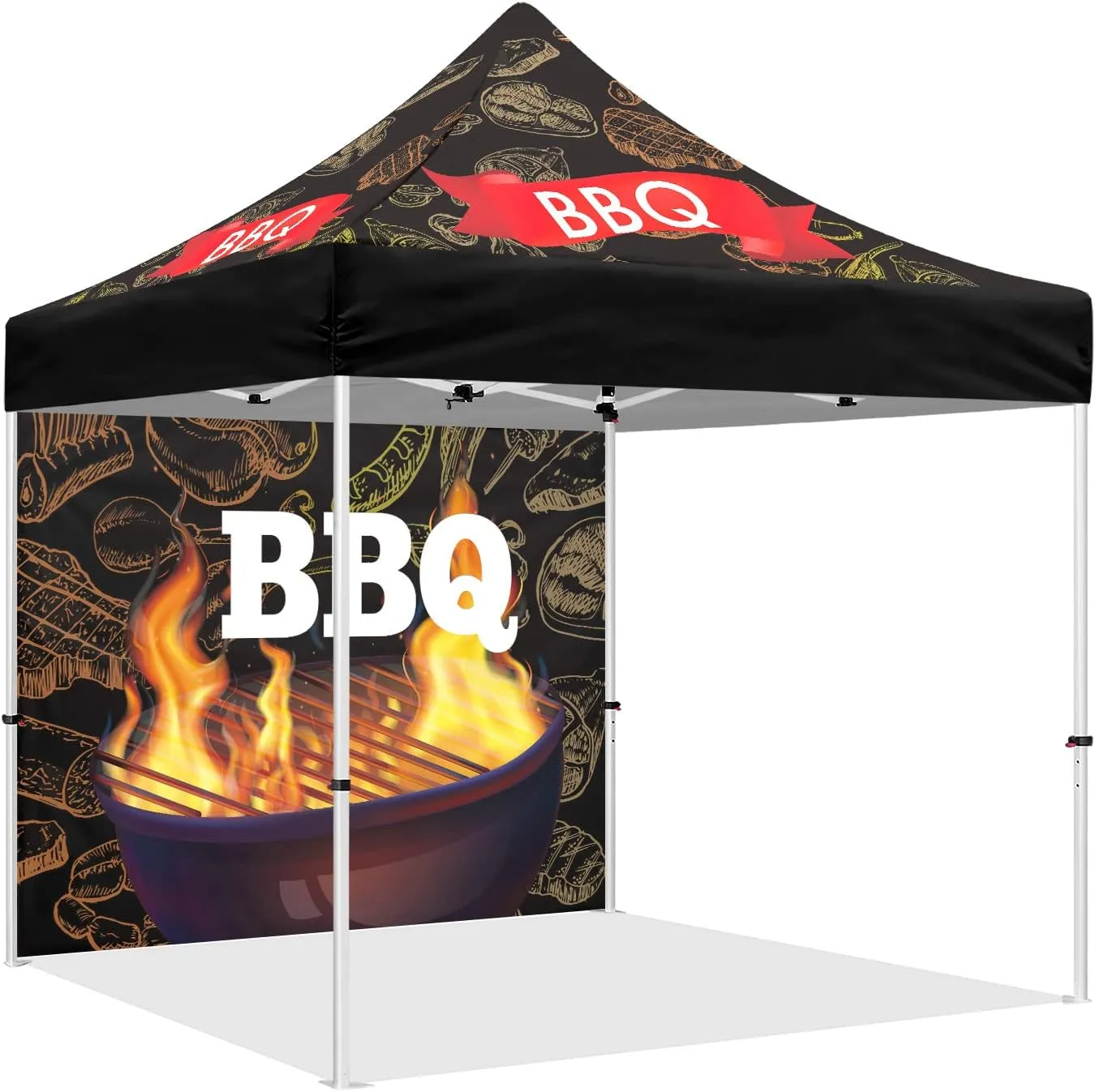 10x10 BBQ Themed Pop Up Canopy Tent, ABLEM8CANOPY Heavy Duty Canopy for Outdoor Barbecue and Grill Catering, Portable Market Event Canopy Tent with Stake Kit and Wheeled Travel Bag, 1 Full Wall