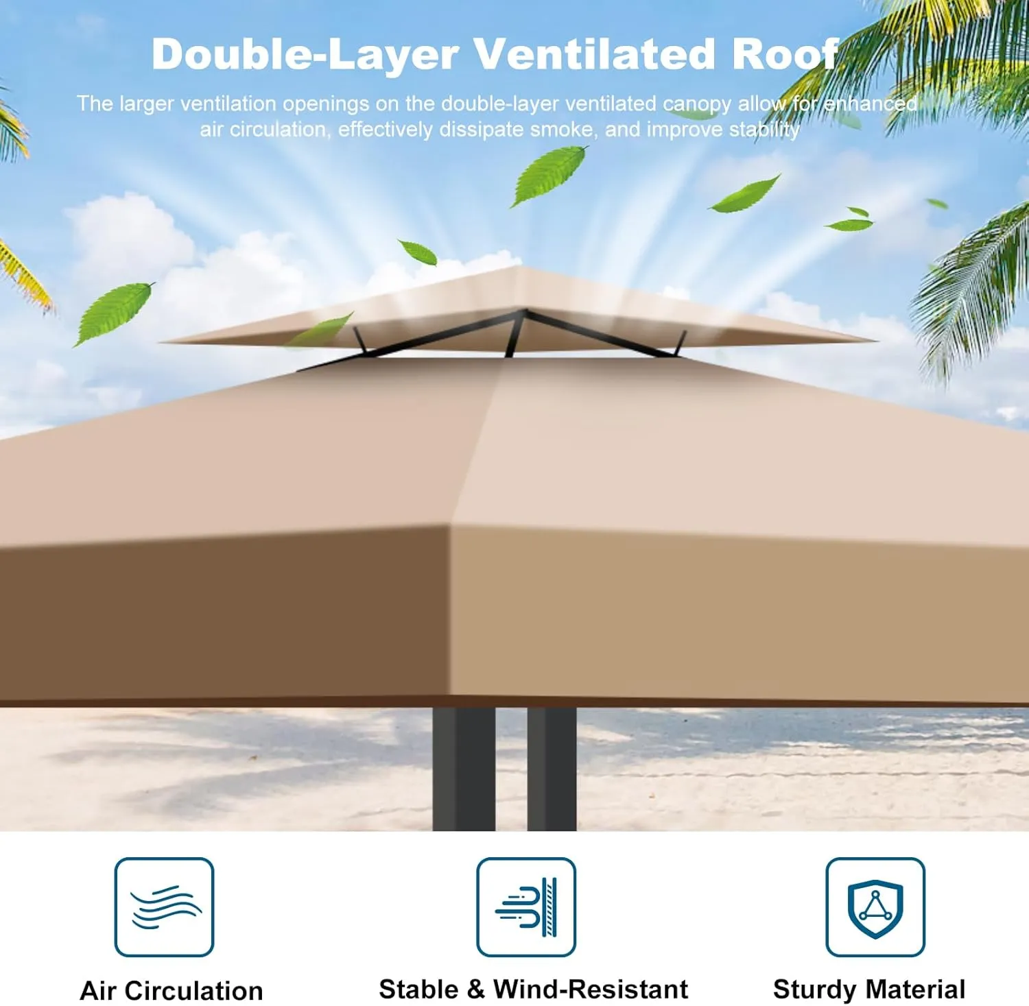10x10 Canopy Replacement Top Cover Canopy Top Replacement, Double Tier Sunshade Gazebo Replacement Cover for Outdoor Use in Shop, Garden, Patio, Yard, Gazebo Canopy Replacement Top Khaki