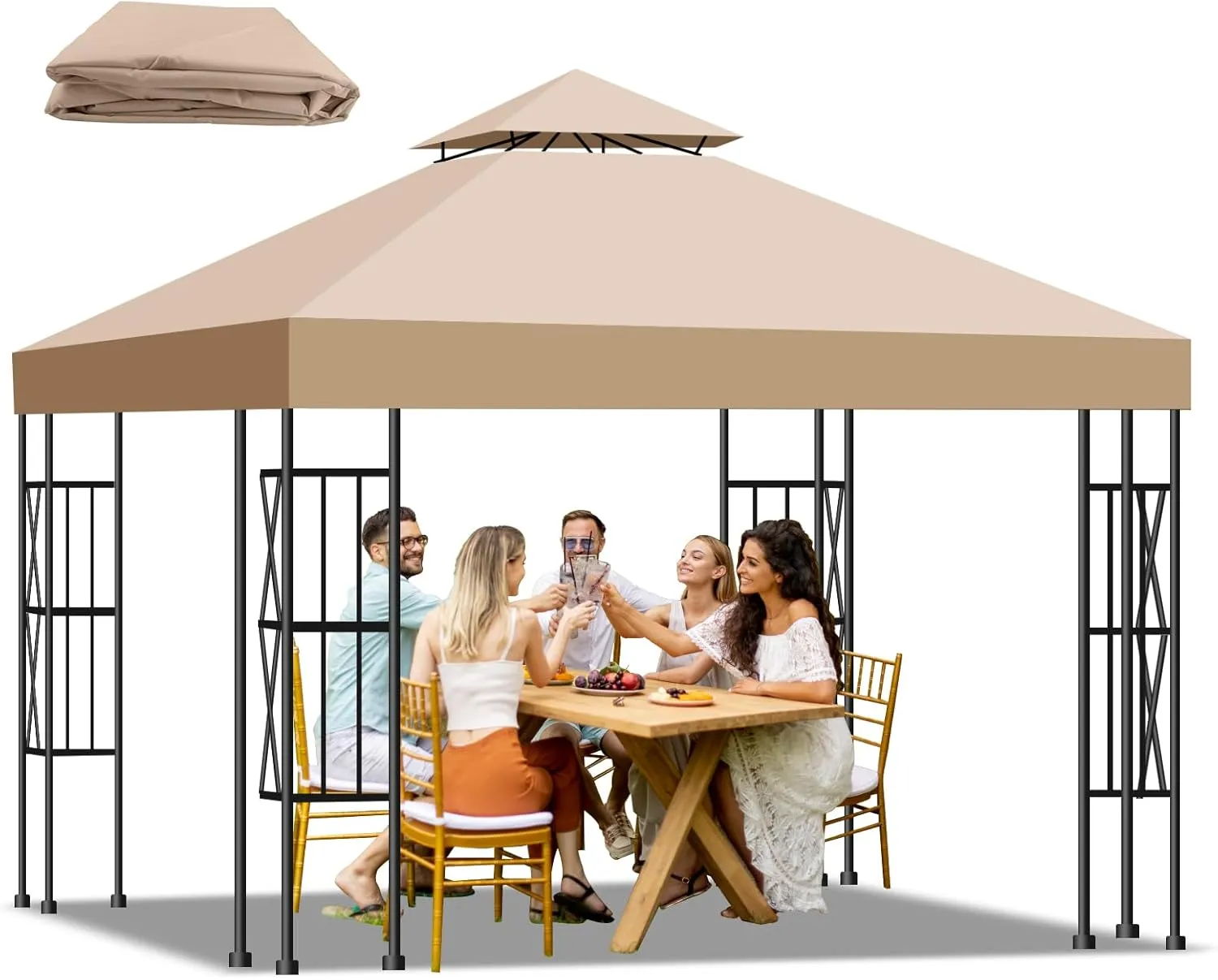 10x10 Canopy Replacement Top Cover Canopy Top Replacement, Double Tier Sunshade Gazebo Replacement Cover for Outdoor Use in Shop, Garden, Patio, Yard, Gazebo Canopy Replacement Top Khaki