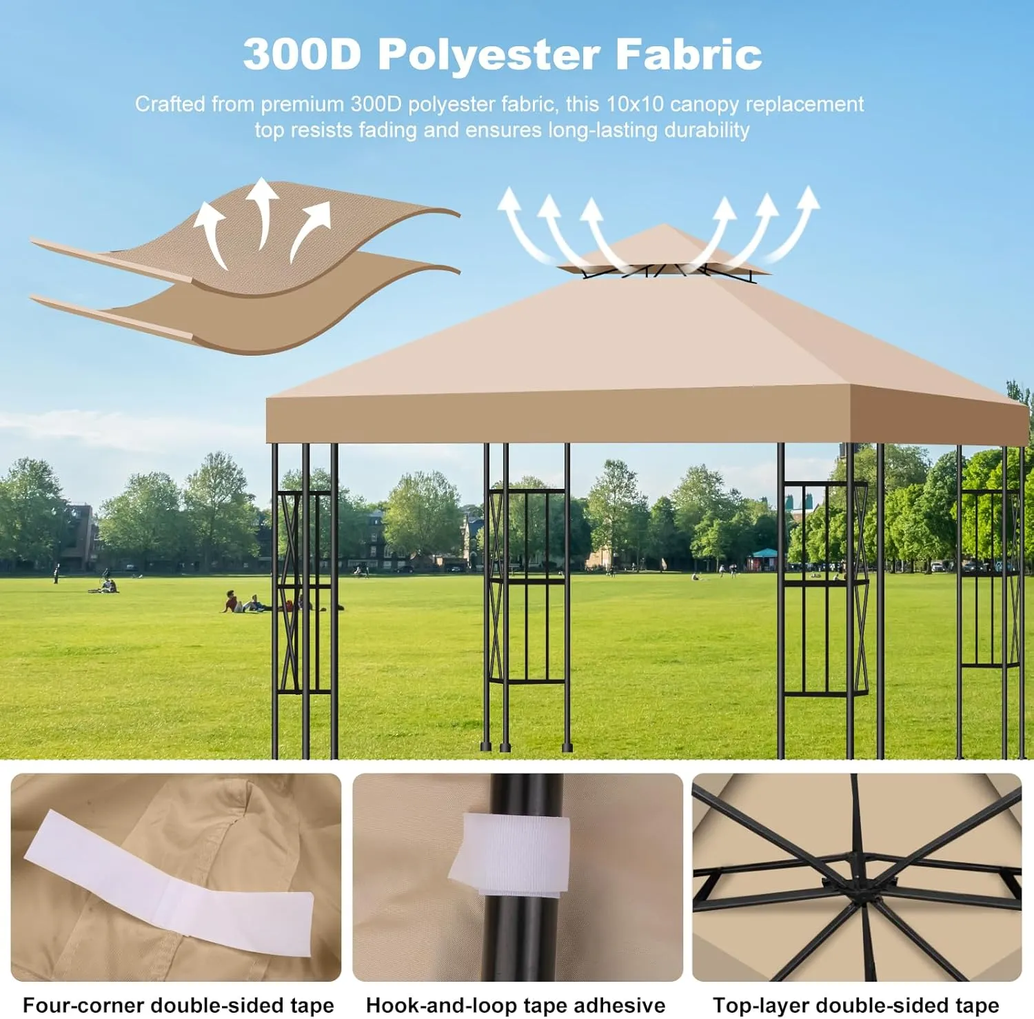 10x10 Canopy Replacement Top Cover Canopy Top Replacement, Double Tier Sunshade Gazebo Replacement Cover for Outdoor Use in Shop, Garden, Patio, Yard, Gazebo Canopy Replacement Top Khaki