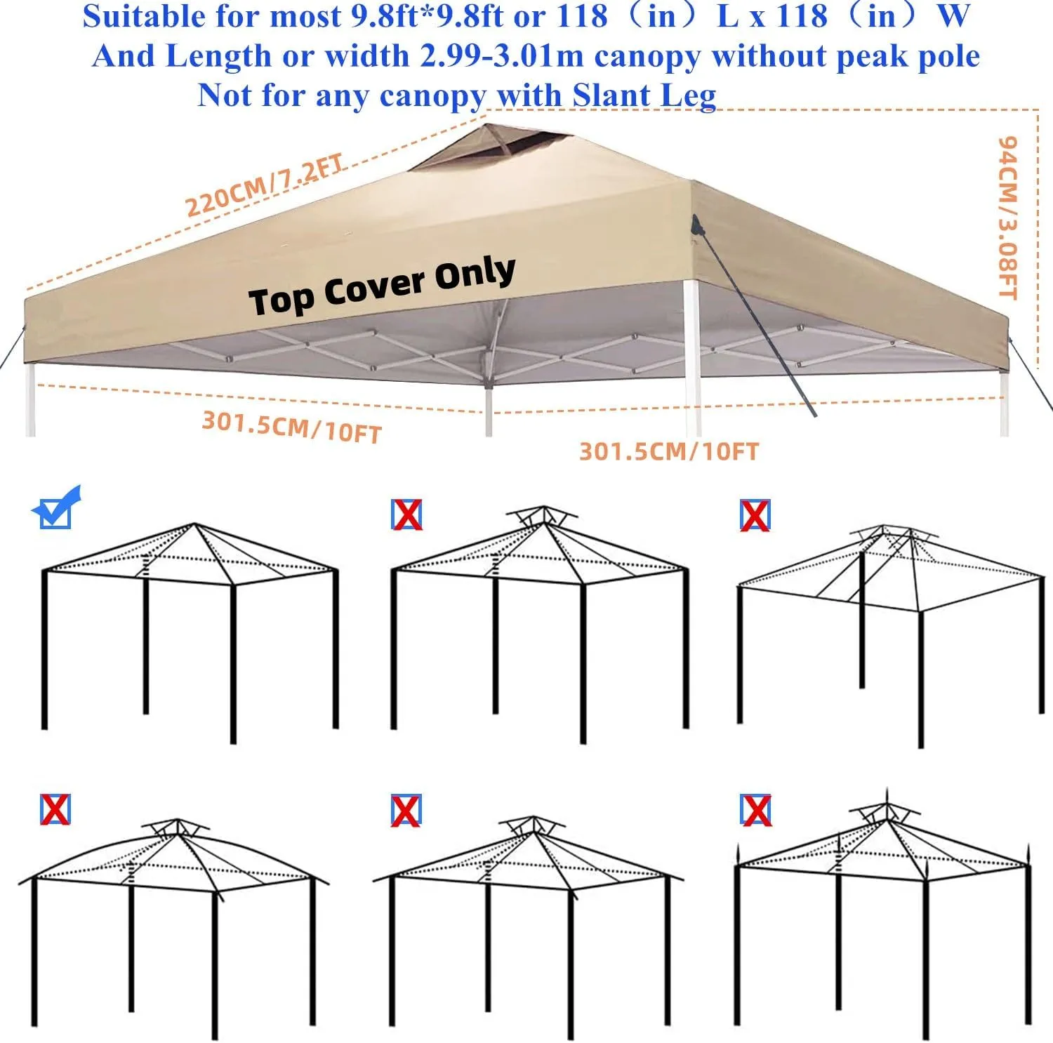 10x10 Canopy Replacement Top Cover,Pop Up Canopy Tent Top with Air Vent Ropes, Waterproof Sunshade Silver Coated Oxford Cloth for Outdoor Garden Patio Picnic Camping(Top Only,301 * 301cm)