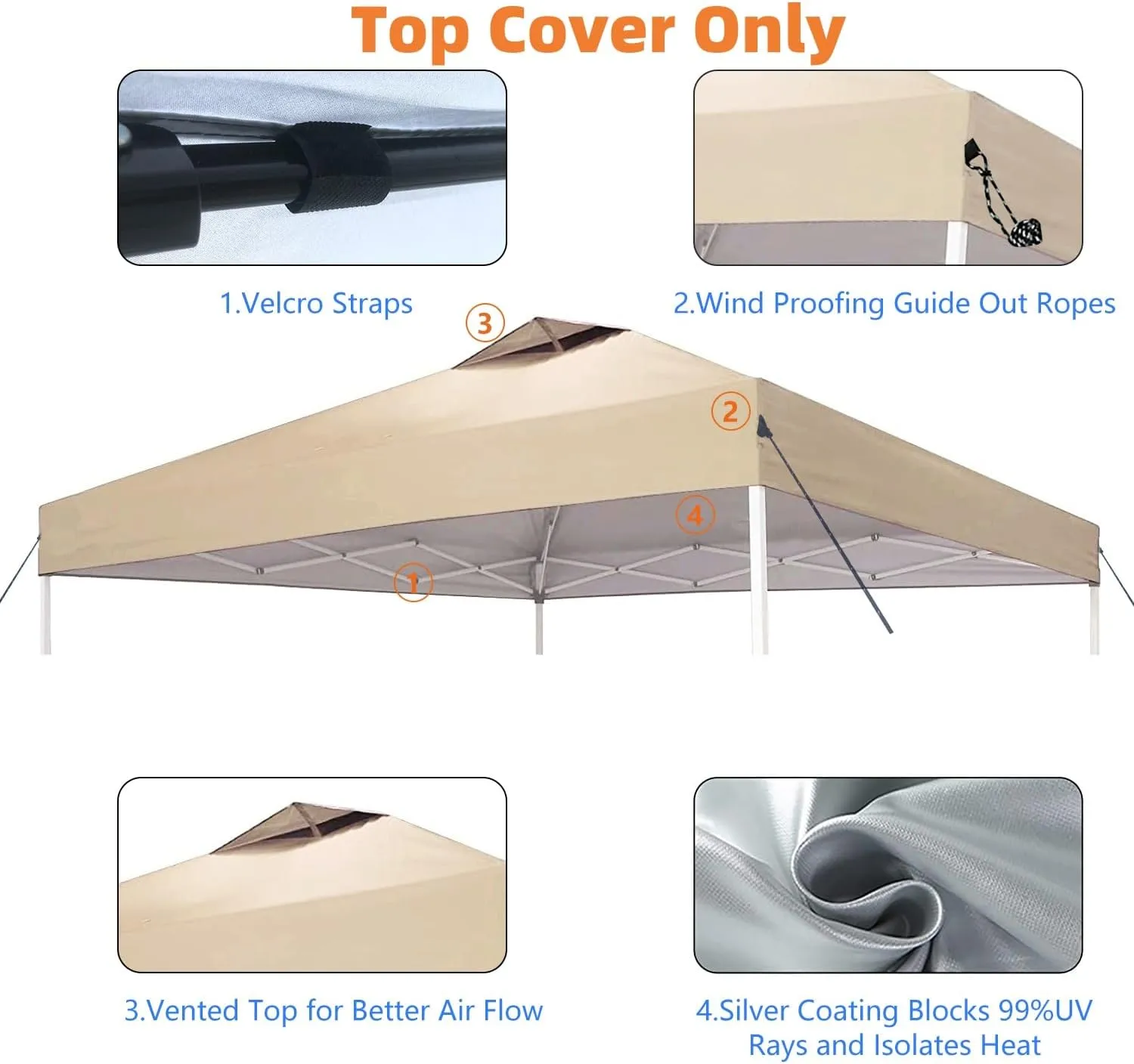 10x10 Canopy Replacement Top Cover,Pop Up Canopy Tent Top with Air Vent Ropes, Waterproof Sunshade Silver Coated Oxford Cloth for Outdoor Garden Patio Picnic Camping(Top Only,301 * 301cm)