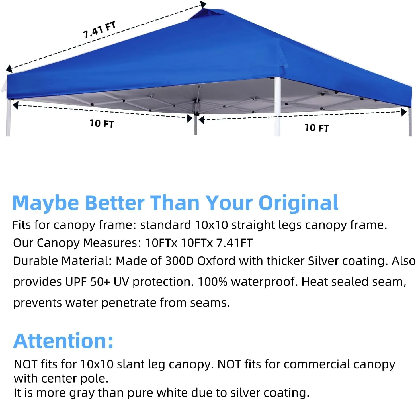 10x10 Canopy Replacement Top for Straight Leg, Pop-up Canopy Tent Replacement Cover, Waterproof Instant Canopy Top Cover with Rope for Garden, Picnic, Camping(Blue)