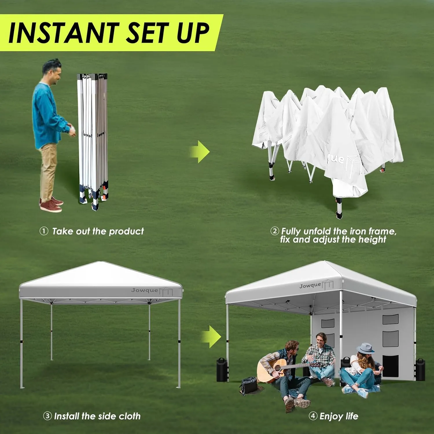 10x10 Pop Up Canopy w/Side Wall, 6 Pockets, 210D Waterproof/UV Proof Silver Coated, Outdoor Easy Up Canopy w/Wheeled Carry Bag, 4 Ropes, 4 Weight Bags, Silver White