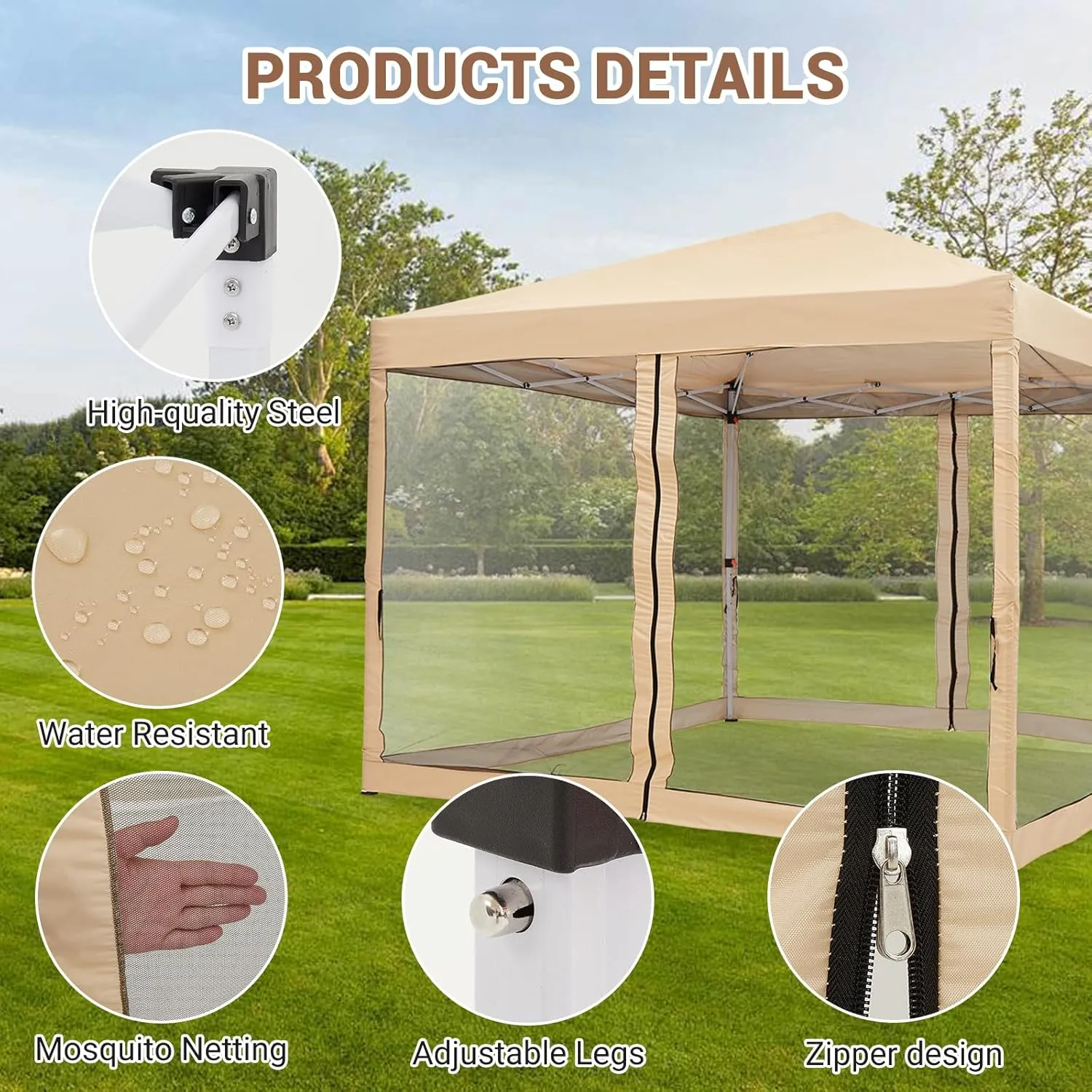 10x10ft Easy Pop-Up Canopy, Outdoor Screen Tent with Mesh Mosquito Netting Side Walls, Pop Up Tent, Waterproof Outdoor Screen Shed for Camping Picnic Party Deck Yard Events