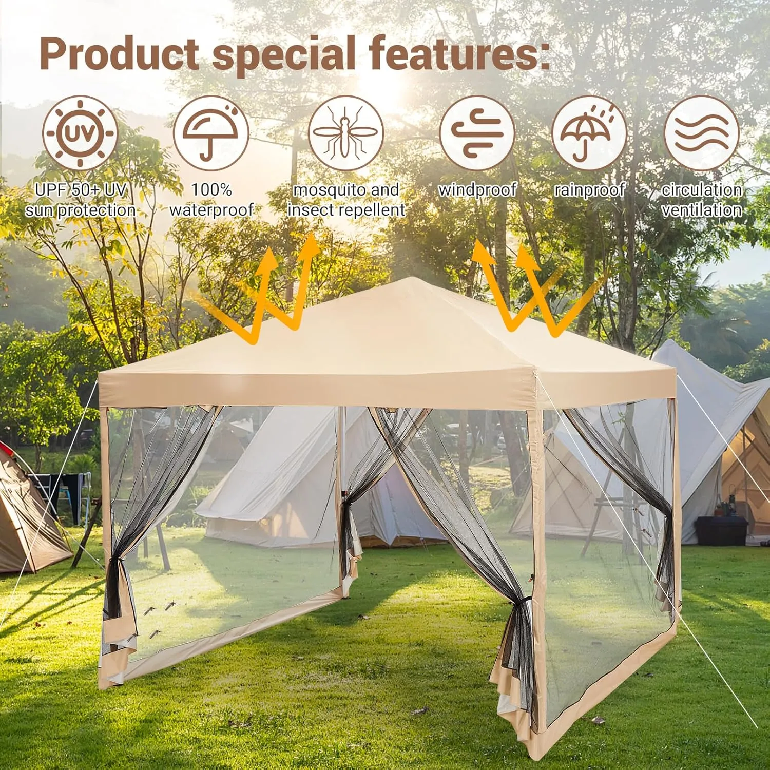 10x10ft Easy Pop-Up Canopy, Outdoor Screen Tent with Mesh Mosquito Netting Side Walls, Pop Up Tent, Waterproof Outdoor Screen Shed for Camping Picnic Party Deck Yard Events