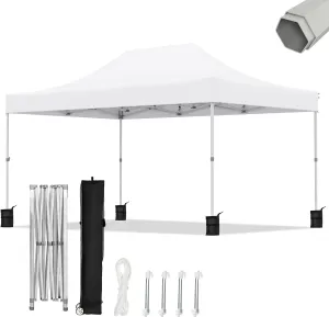 10x15ft Pop Up Canopy - Beach Tent with Easy Set-up, Portable Outdoor, Commercial Shade with Wheeled Carry Bag, Thickened Fabric, Hexagonal Steel, White