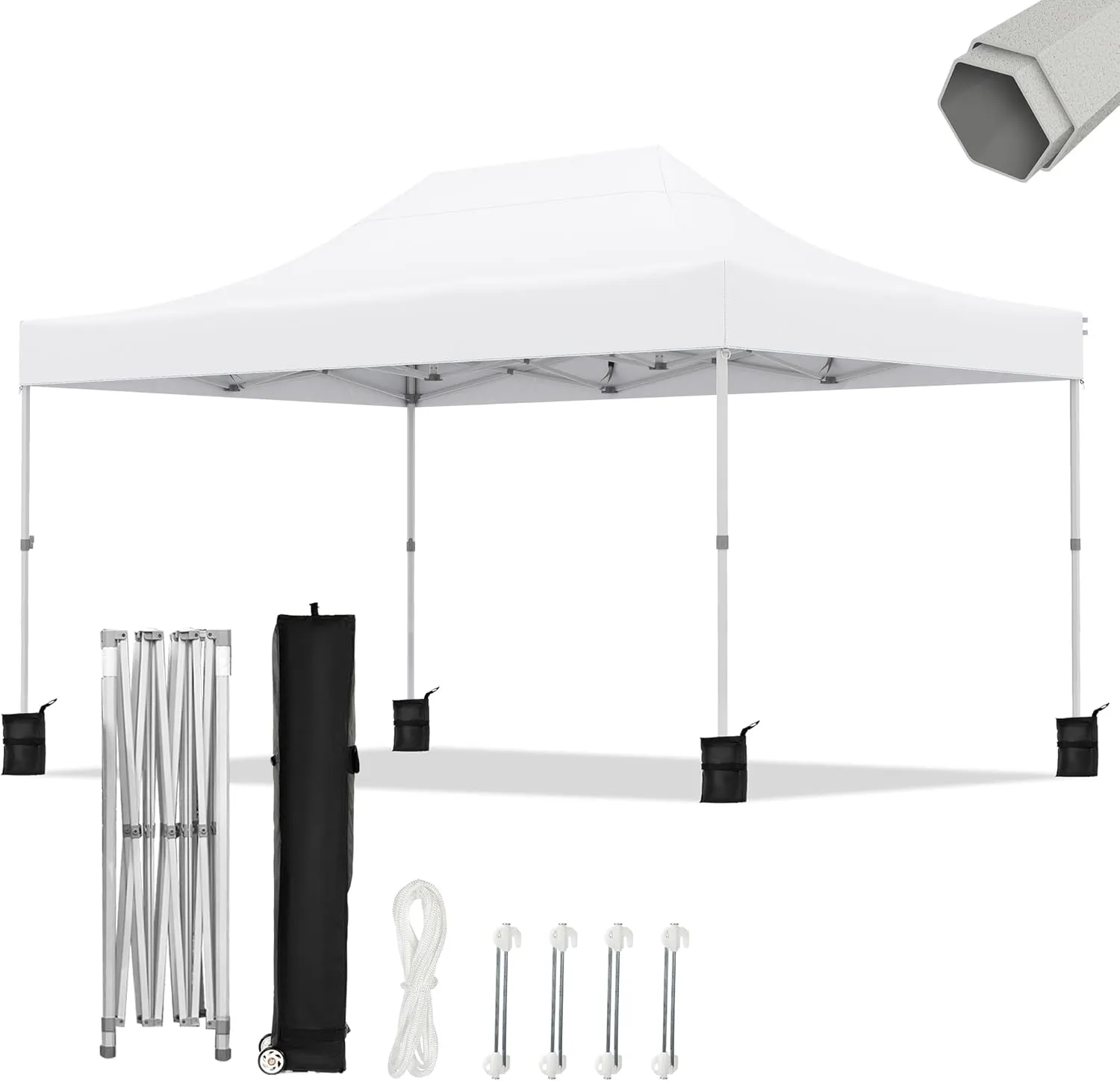 10x15ft Pop Up Canopy - Beach Tent with Easy Set-up, Portable Outdoor, Commercial Shade with Wheeled Carry Bag, Thickened Fabric, Hexagonal Steel, White