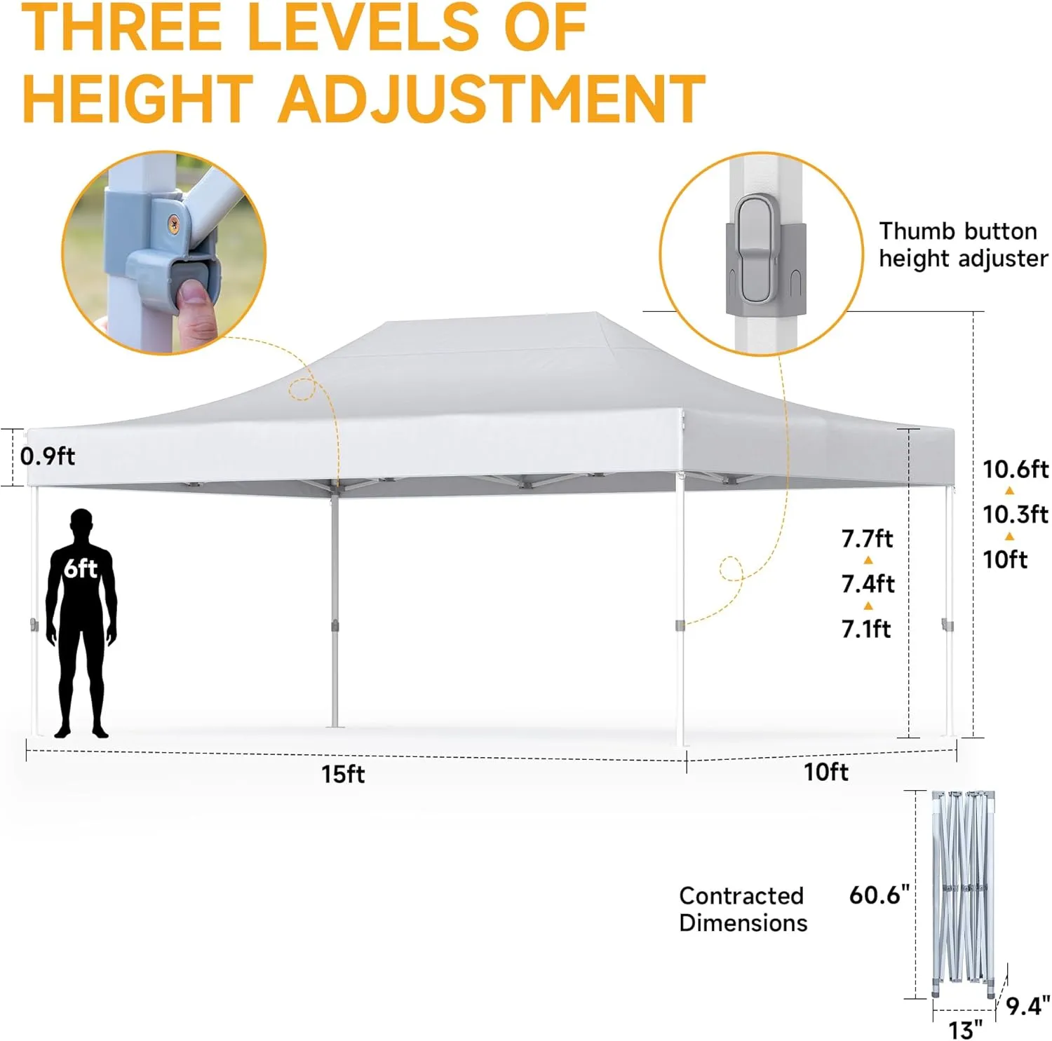 10x15ft Pop Up Canopy - Beach Tent with Easy Set-up, Portable Outdoor, Commercial Shade with Wheeled Carry Bag, Thickened Fabric, Hexagonal Steel, White