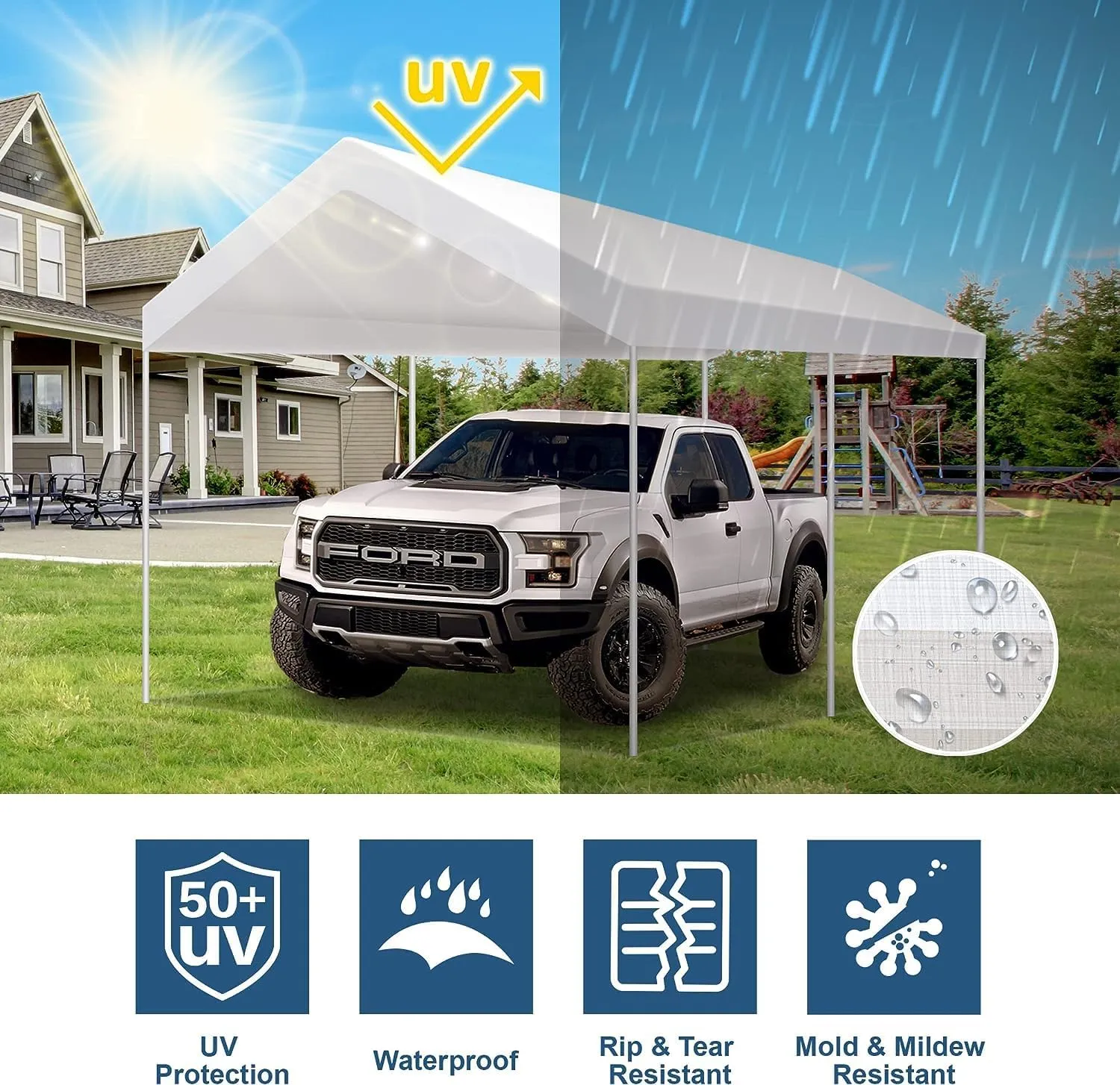 10'x20' Upgraded Carport Replacement Top Canopy Cover for Car Garage Shelter Tent Party Tent with Ball Bungees White (Only Top Cover, Frame is not Included)