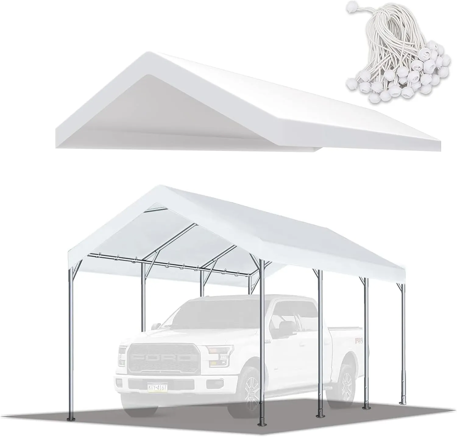 10'x20' Upgraded Carport Replacement Top Canopy Cover for Car Garage Shelter Tent Party Tent with Ball Bungees White (Only Top Cover, Frame is not Included)