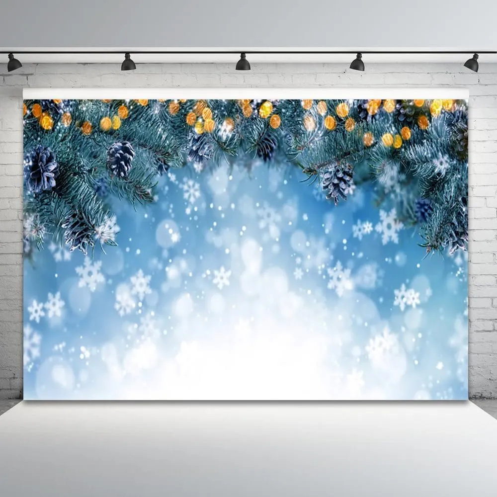 12x8ft Christmas Backdrop Winter Ice Snow Photography Background Green Xmas Trees Leaves White Snowflake Pine Cone New Year Holiday Party Banner Decorations Family Parties Photo Booth Prop