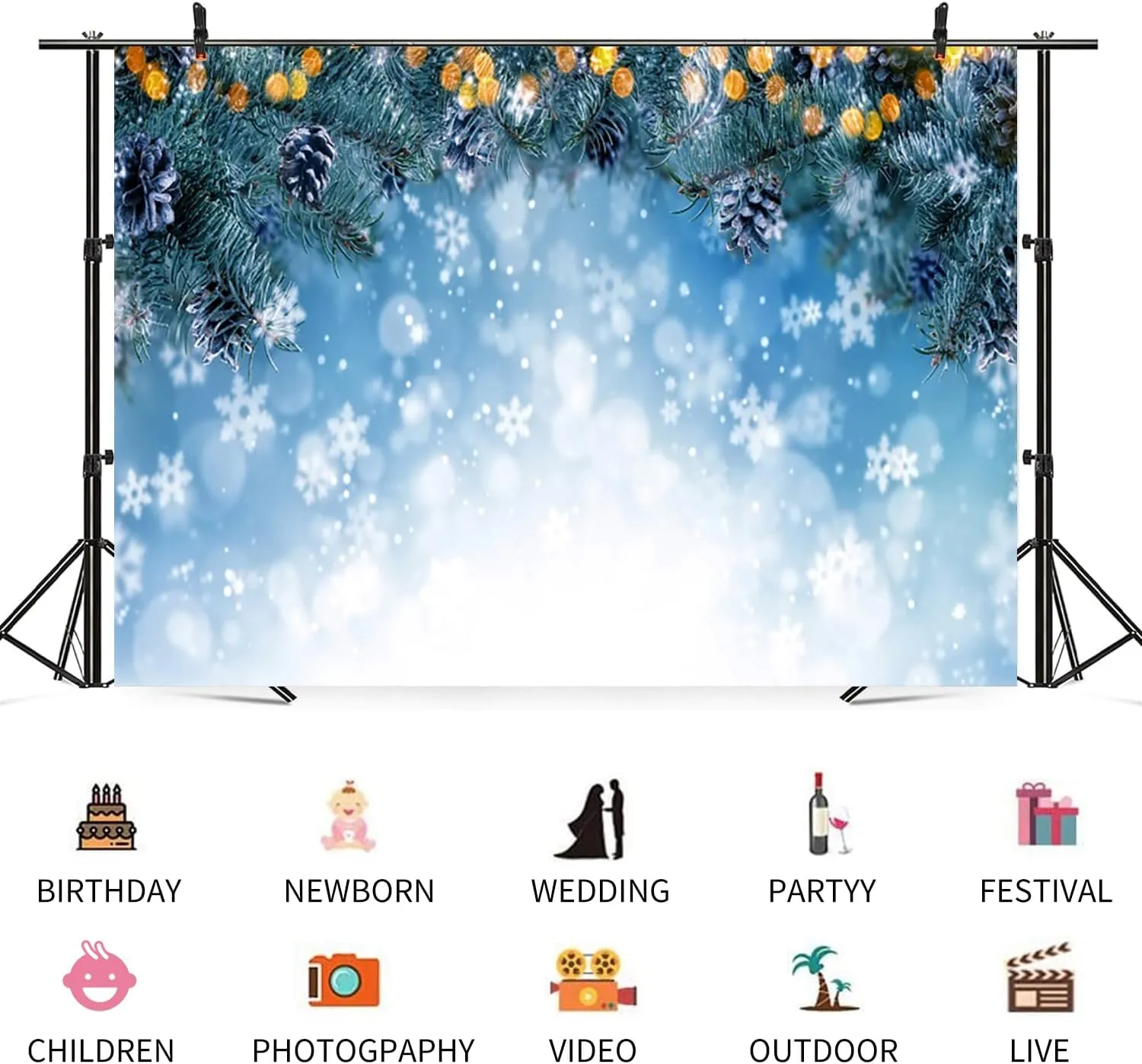 12x8ft Christmas Backdrop Winter Ice Snow Photography Background Green Xmas Trees Leaves White Snowflake Pine Cone New Year Holiday Party Banner Decorations Family Parties Photo Booth Prop