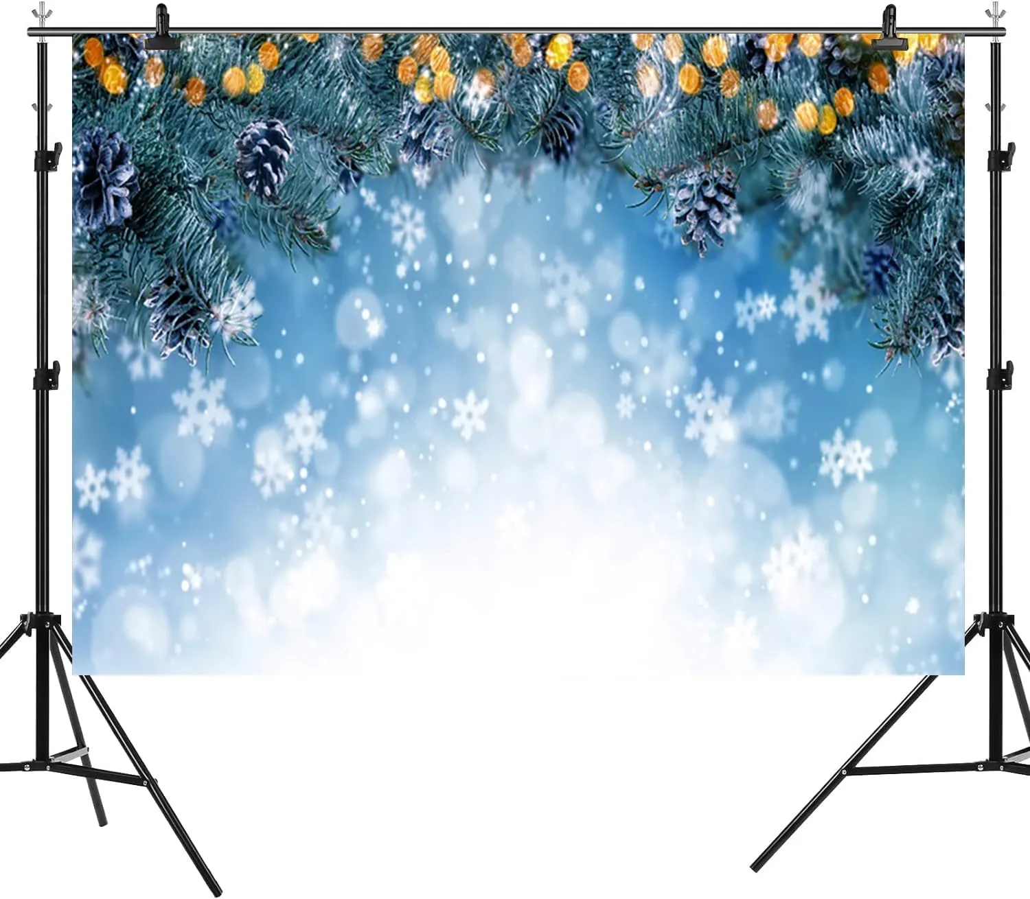 12x8ft Christmas Backdrop Winter Ice Snow Photography Background Green Xmas Trees Leaves White Snowflake Pine Cone New Year Holiday Party Banner Decorations Family Parties Photo Booth Prop