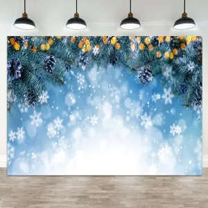 12x8ft Christmas Backdrop Winter Ice Snow Photography Background Green Xmas Trees Leaves White Snowflake Pine Cone New Year Holiday Party Banner Decorations Family Parties Photo Booth Prop