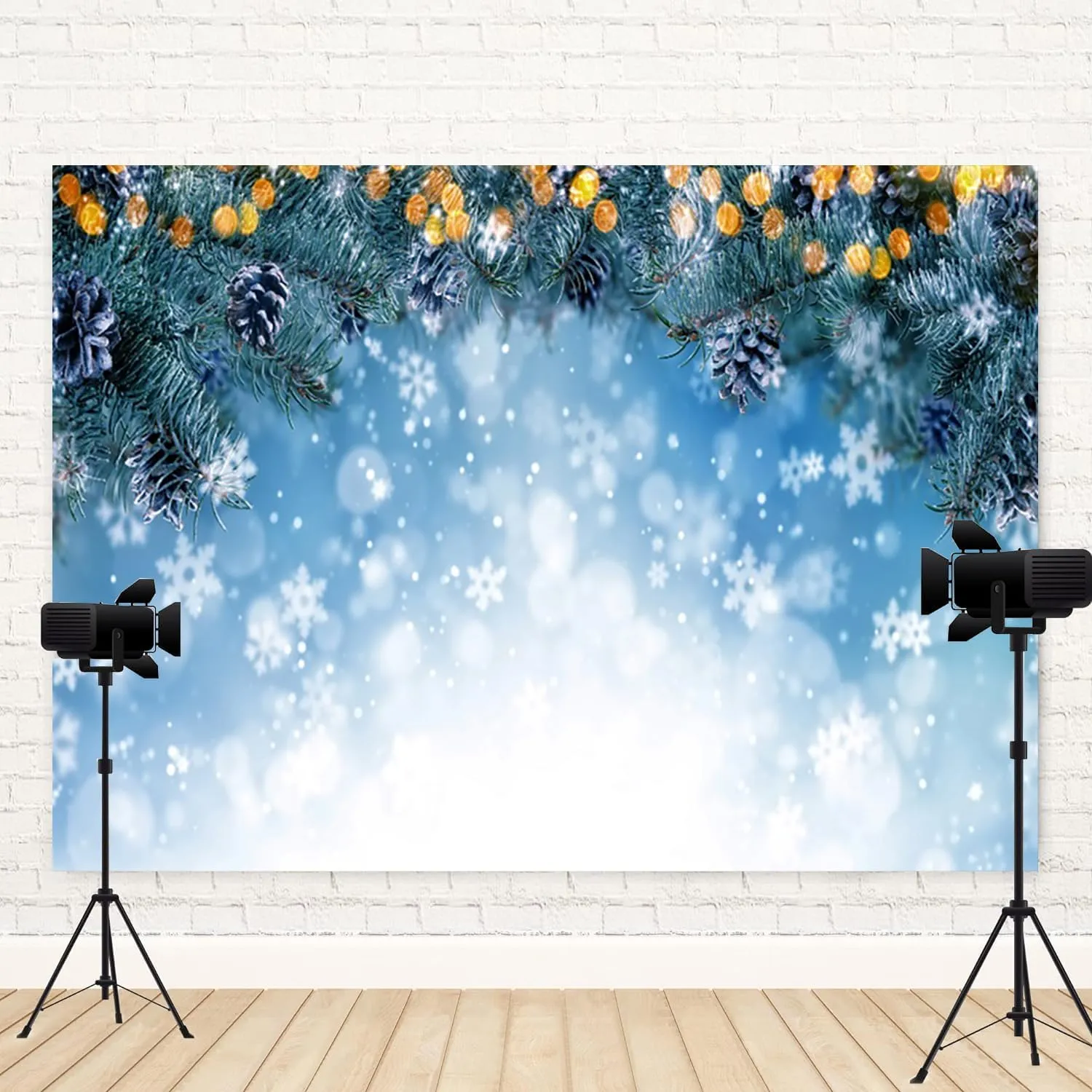 12x8ft Christmas Backdrop Winter Ice Snow Photography Background Green Xmas Trees Leaves White Snowflake Pine Cone New Year Holiday Party Banner Decorations Family Parties Photo Booth Prop