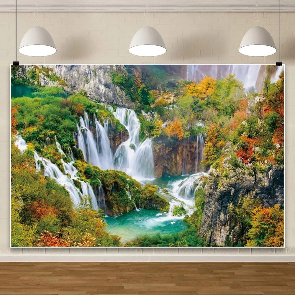 12x8ft Waterfall Backdrop Lush Trees Fairyland Mountain Lake Clear Rivers Flowing Photography Background for Kids Baby Adults Travel Vacation Portrait Props Wallpaper Decor