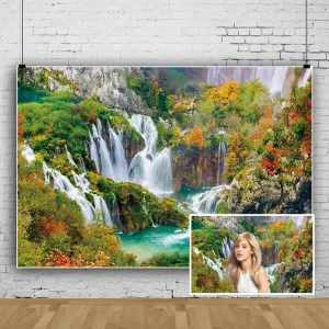 12x8ft Waterfall Backdrop Lush Trees Fairyland Mountain Lake Clear Rivers Flowing Photography Background for Kids Baby Adults Travel Vacation Portrait Props Wallpaper Decor