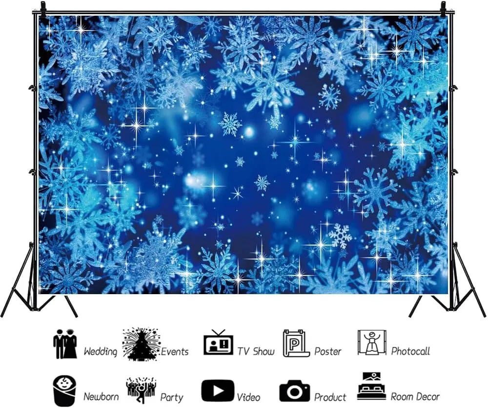 12x8ft Winter Snowscape Blue Backdrop Snowflake Bokeh Ice and Snow World Theme Backgrounds Winter Landscape Photography Background for New Year Event Party Decor Fall in Love Photo Props