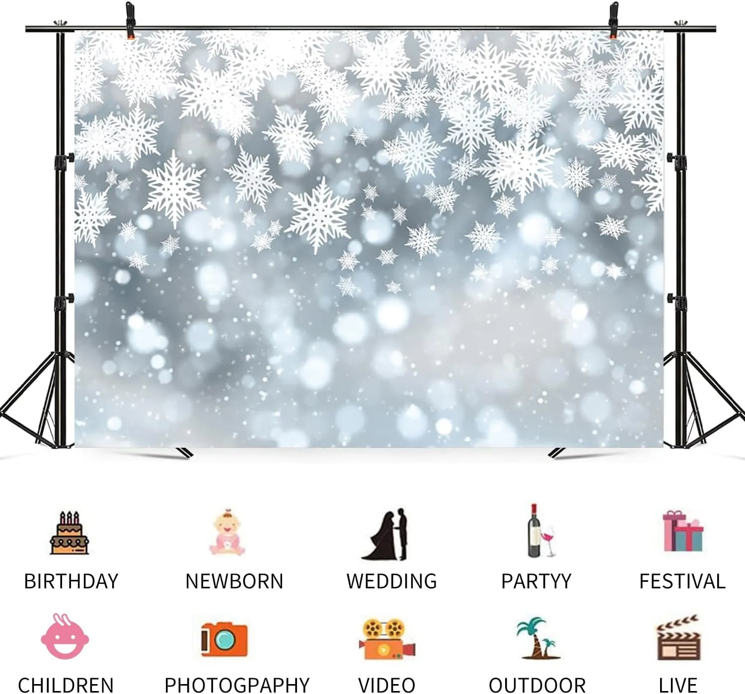 12x8ft Winter Wonderland Backdrop Christmas White Snowflake Scene Photography Background Glitter Ice Falling Snow Flakes Banner Decorations Xmas New Year Holiday Party Photo Booth Prop