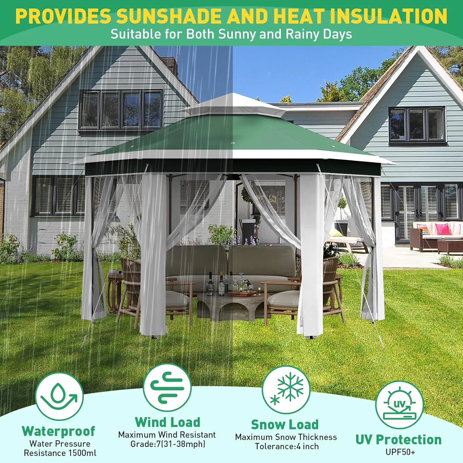 13'x13' Pop Up Gazebo Hexagonal Outdoor Canopy Tent with Mosquito Netting Dual Vent Roof Awning Waterproof, UV Resistant Height Adjustable for Backyard, Patio, Deck, Lawn Parties -Green