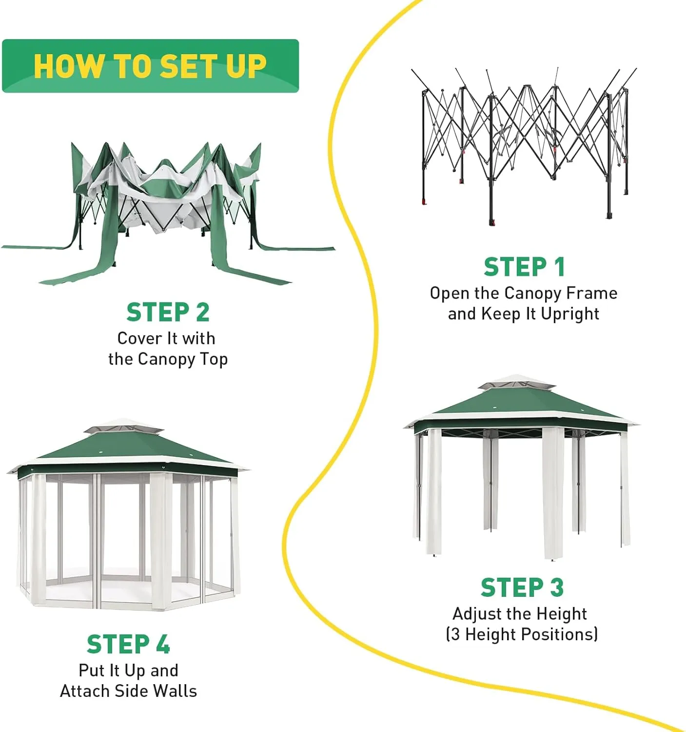 13'x13' Pop Up Gazebo Hexagonal Outdoor Canopy Tent with Mosquito Netting Dual Vent Roof Awning Waterproof, UV Resistant Height Adjustable for Backyard, Patio, Deck, Lawn Parties -Green