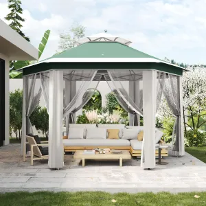 13'x13' Pop Up Gazebo Hexagonal Outdoor Canopy Tent with Mosquito Netting Dual Vent Roof Awning Waterproof, UV Resistant Height Adjustable for Backyard, Patio, Deck, Lawn Parties -Green