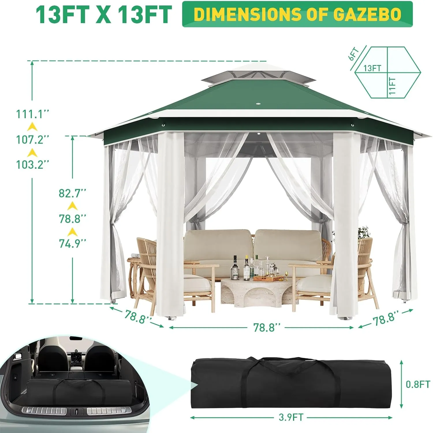 13'x13' Pop Up Gazebo Hexagonal Outdoor Canopy Tent with Mosquito Netting Dual Vent Roof Awning Waterproof, UV Resistant Height Adjustable for Backyard, Patio, Deck, Lawn Parties -Green