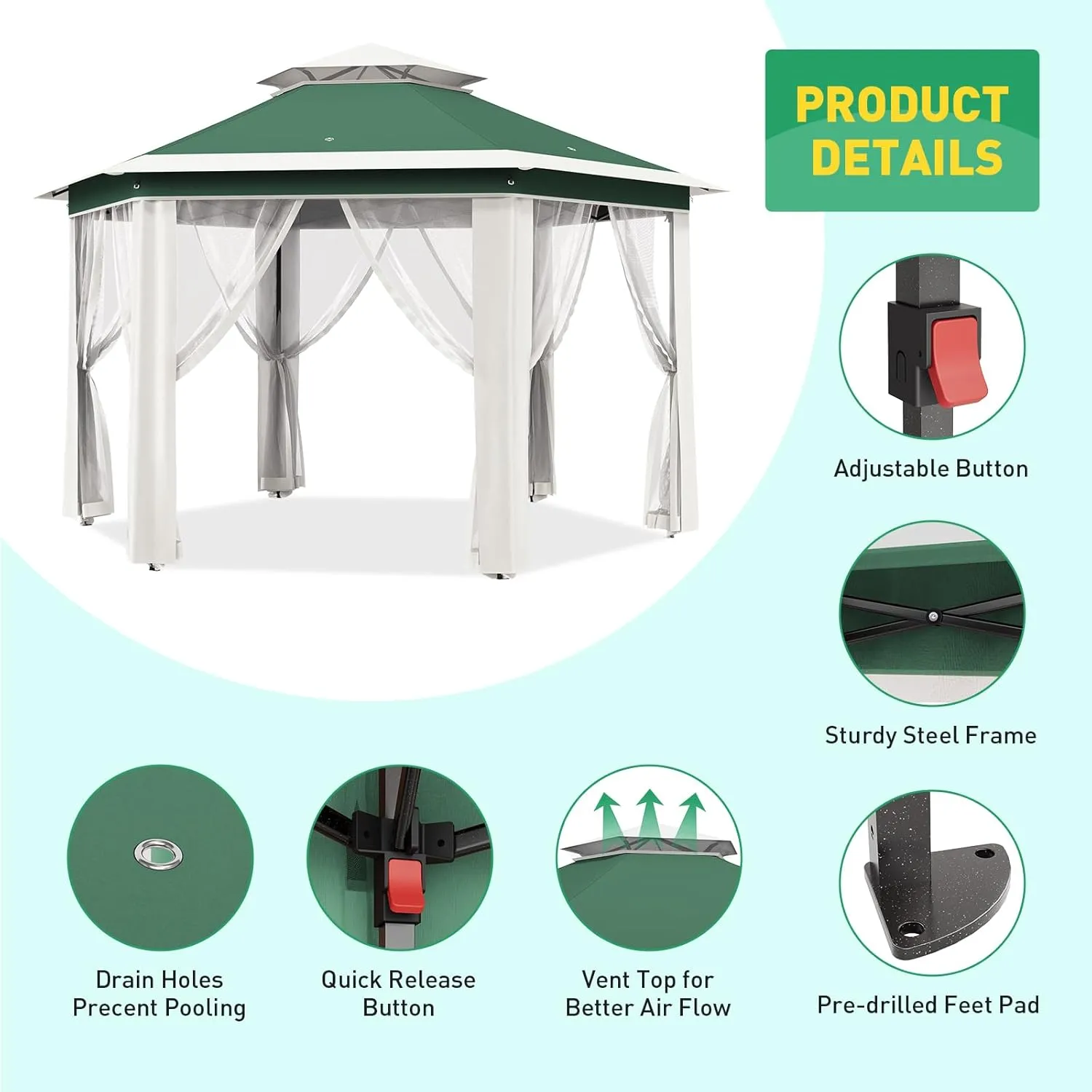 13'x13' Pop Up Gazebo Hexagonal Outdoor Canopy Tent with Mosquito Netting Dual Vent Roof Awning Waterproof, UV Resistant Height Adjustable for Backyard, Patio, Deck, Lawn Parties -Green