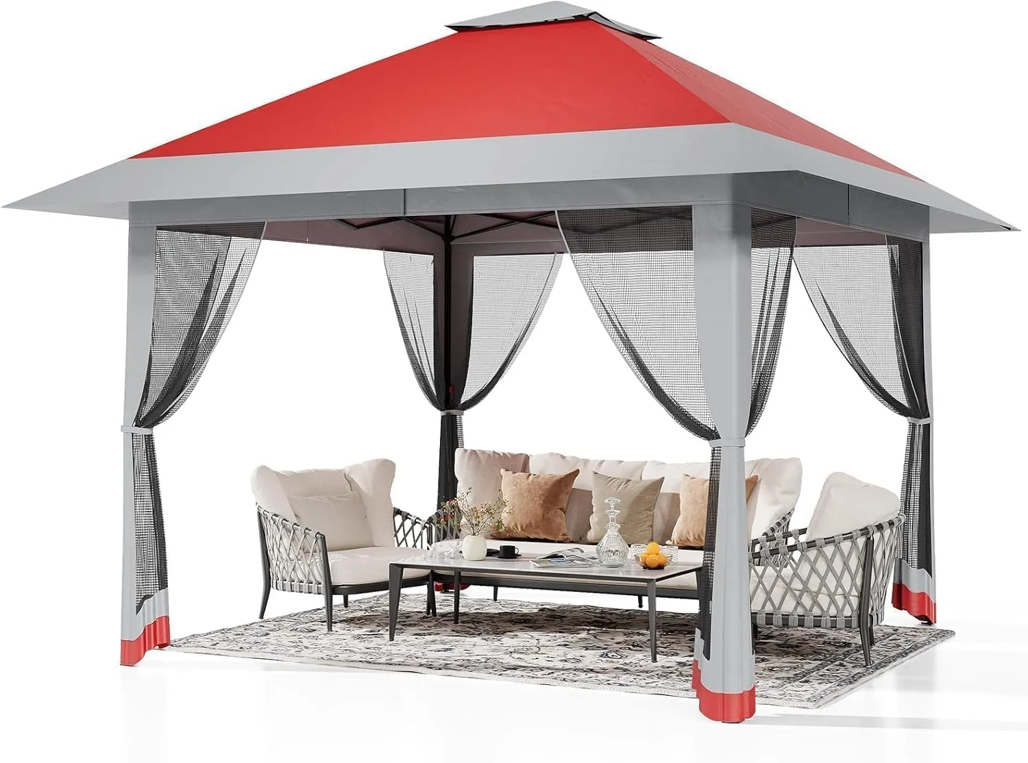13x13FT Pop-Up Gazebo, Instant Canopy Gazebo with Mosquito Net & Double Roof, Adjustable Height Canopy Tent,with Waterproof and Ultraviolet Double Roof for Backyard, Garden, Lawn and Deck